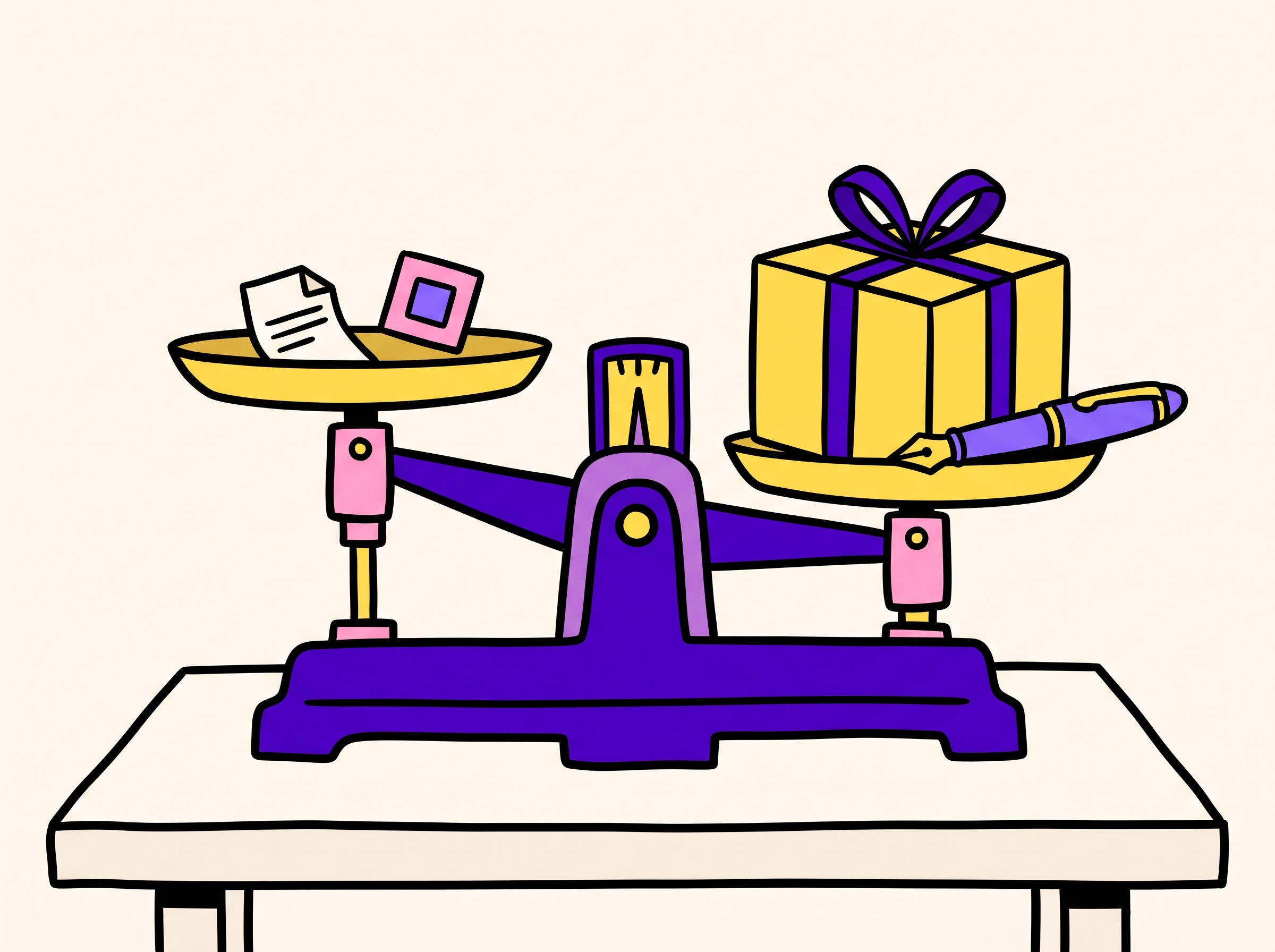 Balance scale: a light subject-line scrap and tracking pixel versus a heavy offer box and fountain pen