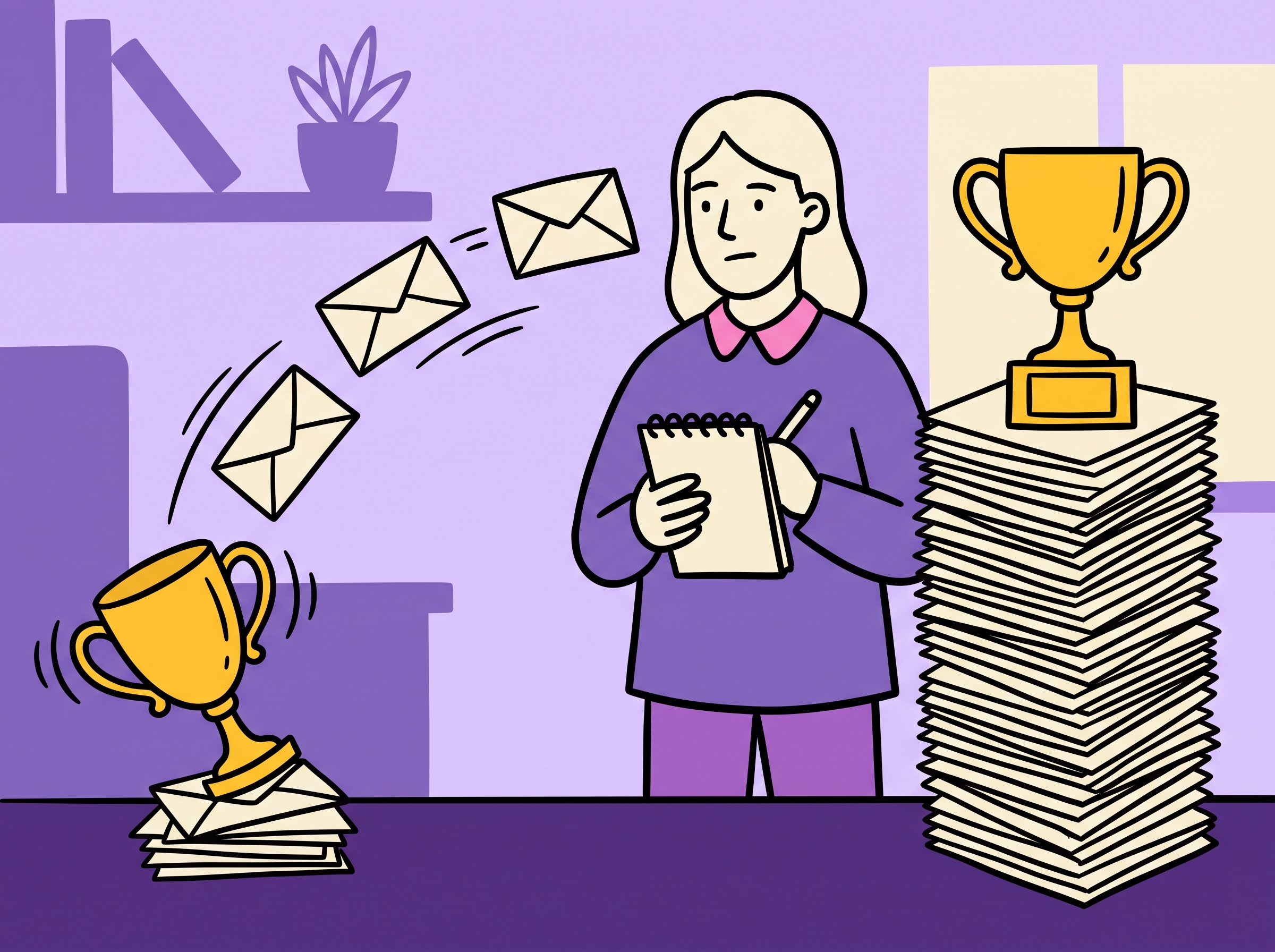 Tiny envelope pile with a wobbling trophy versus a thick stack with a stable trophy