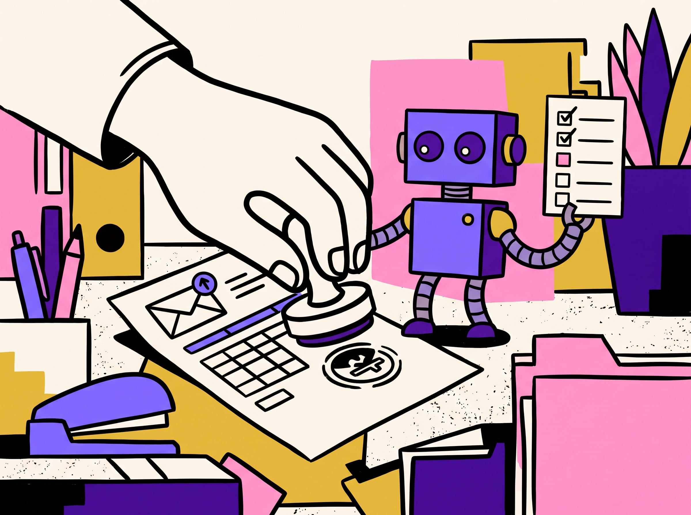Human approving outbound email while AI assistant holds a checklist