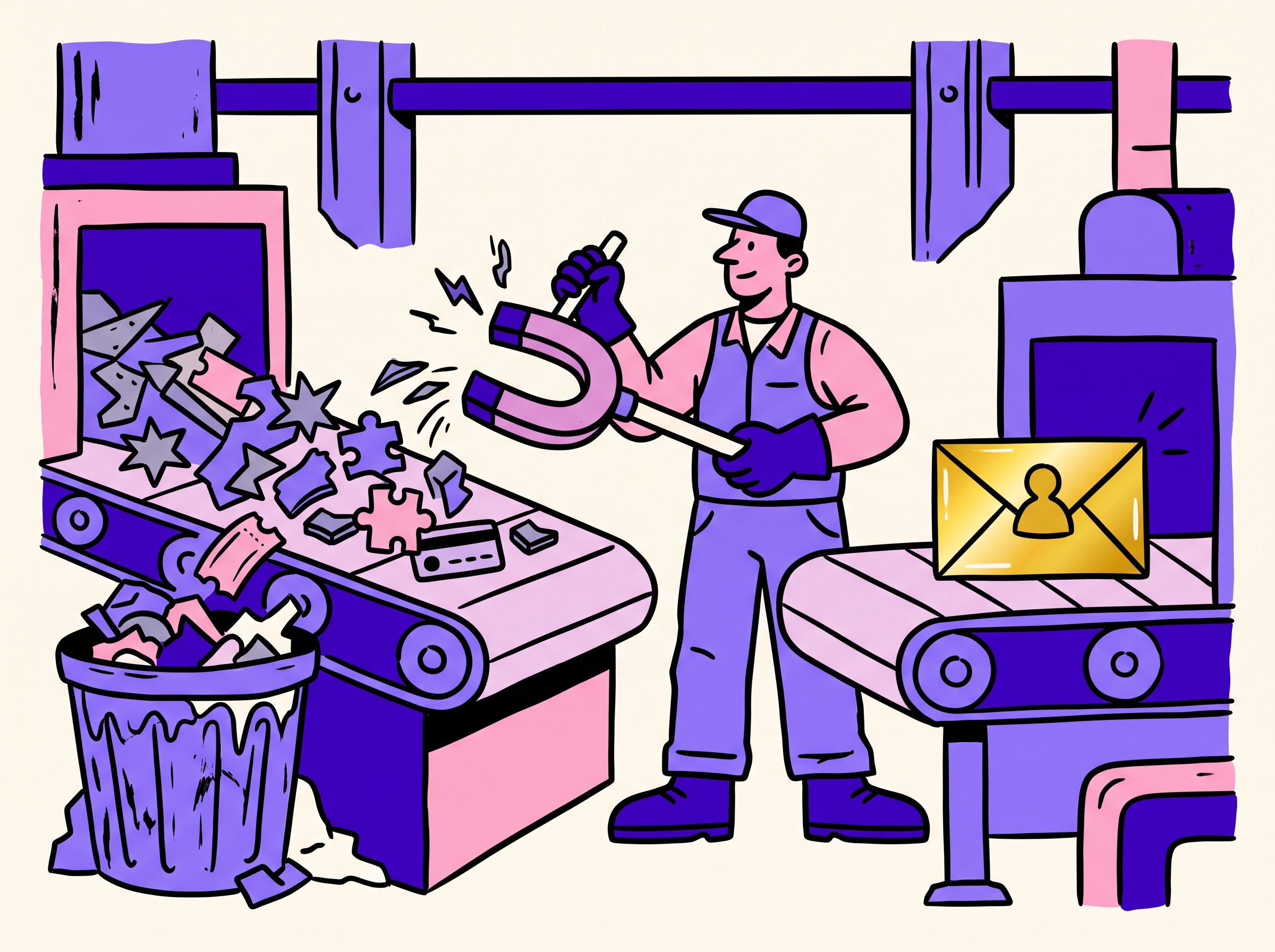 An operator sorts scrap credits on one conveyor and a finished gold envelope on the other