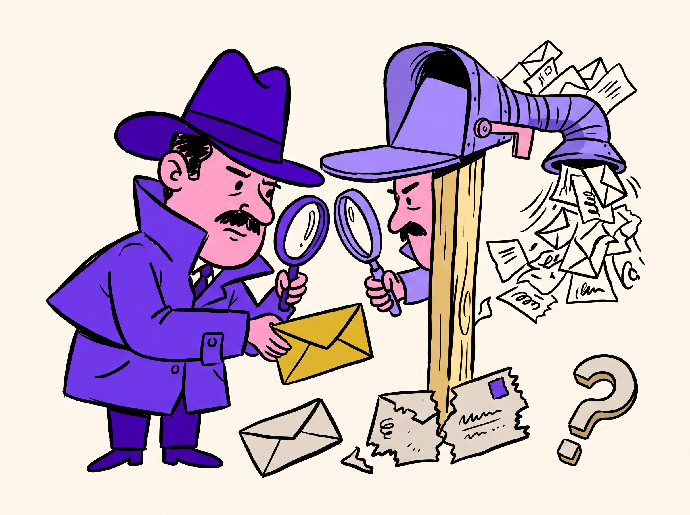 A detective inspects a mailbox, keeping one gold envelope and rejecting catch-all junk