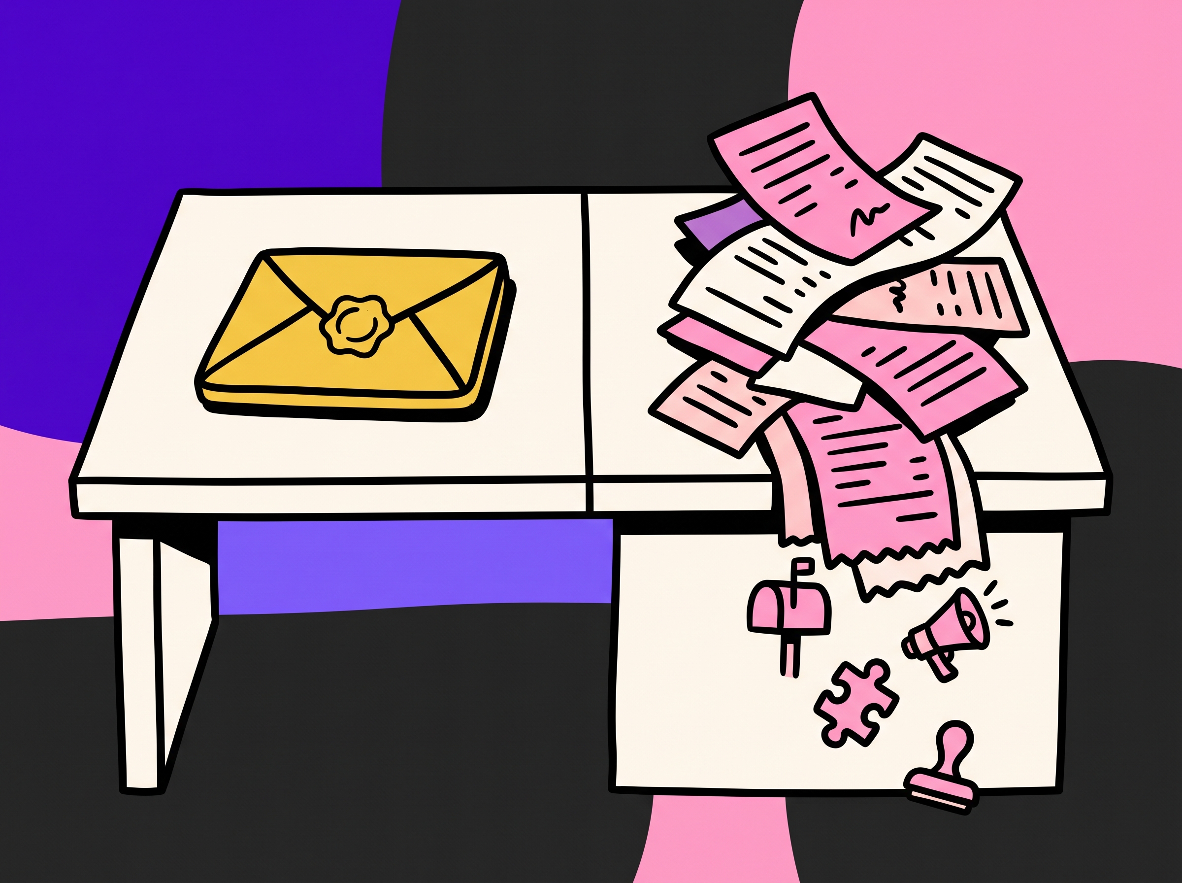 One sealed gold envelope on the left of a desk versus a tottering pile of receipts and tool icons on the right