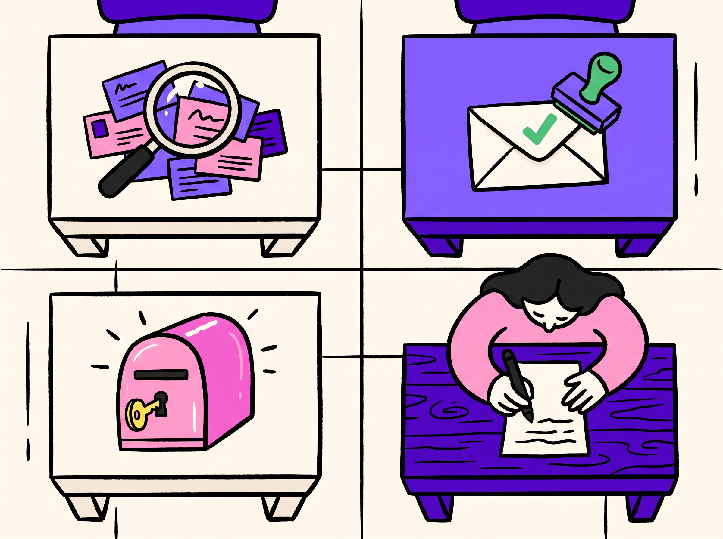 Four outbound jobs as equal workbenches: researching contacts, verifying an envelope, a locked mailbox, and a person writing