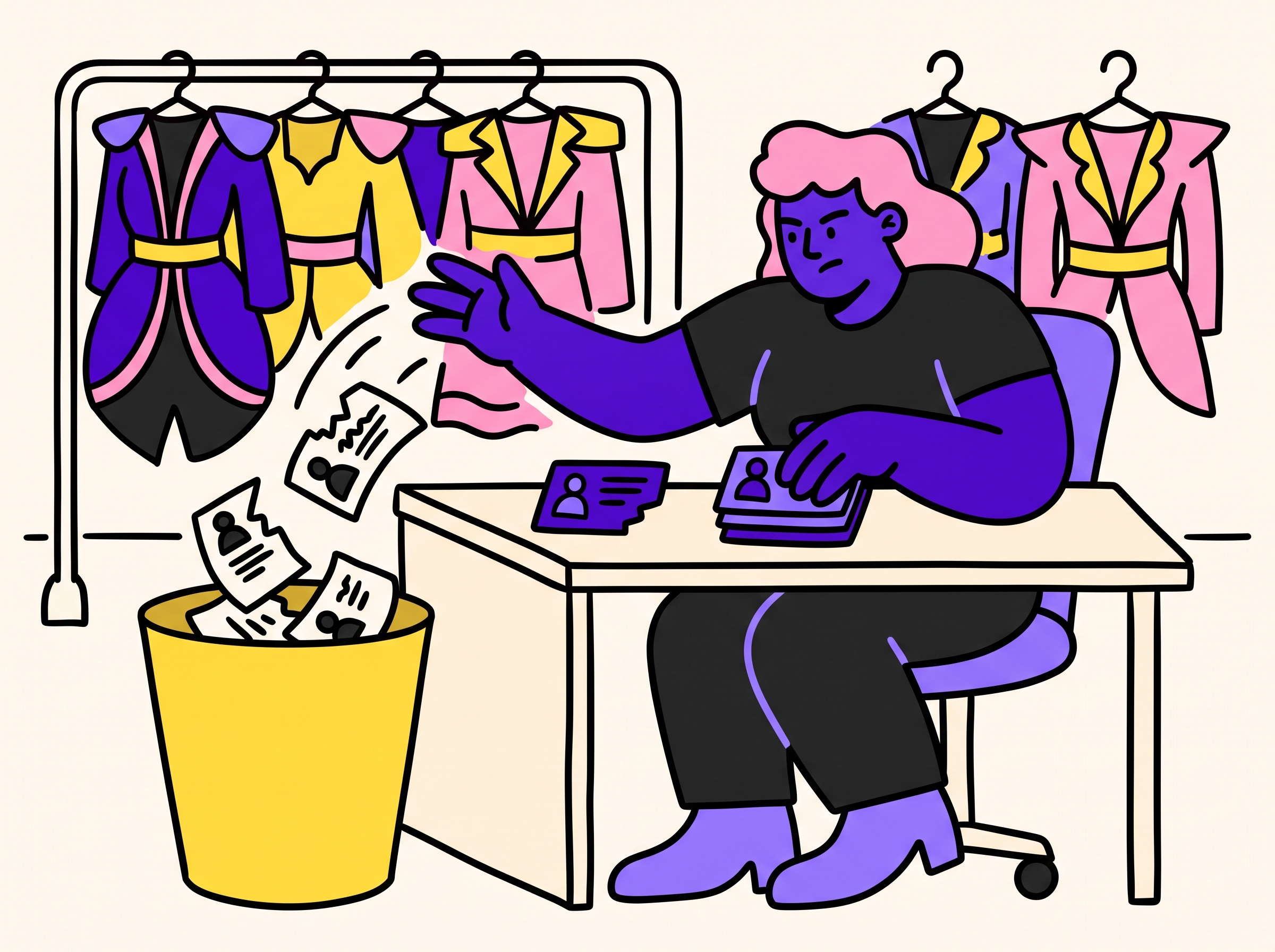 Operator discarding invalid contact cards into a gold bin while keeping a small verified stack, with unused sending-domain costumes hanging unused behind the desk