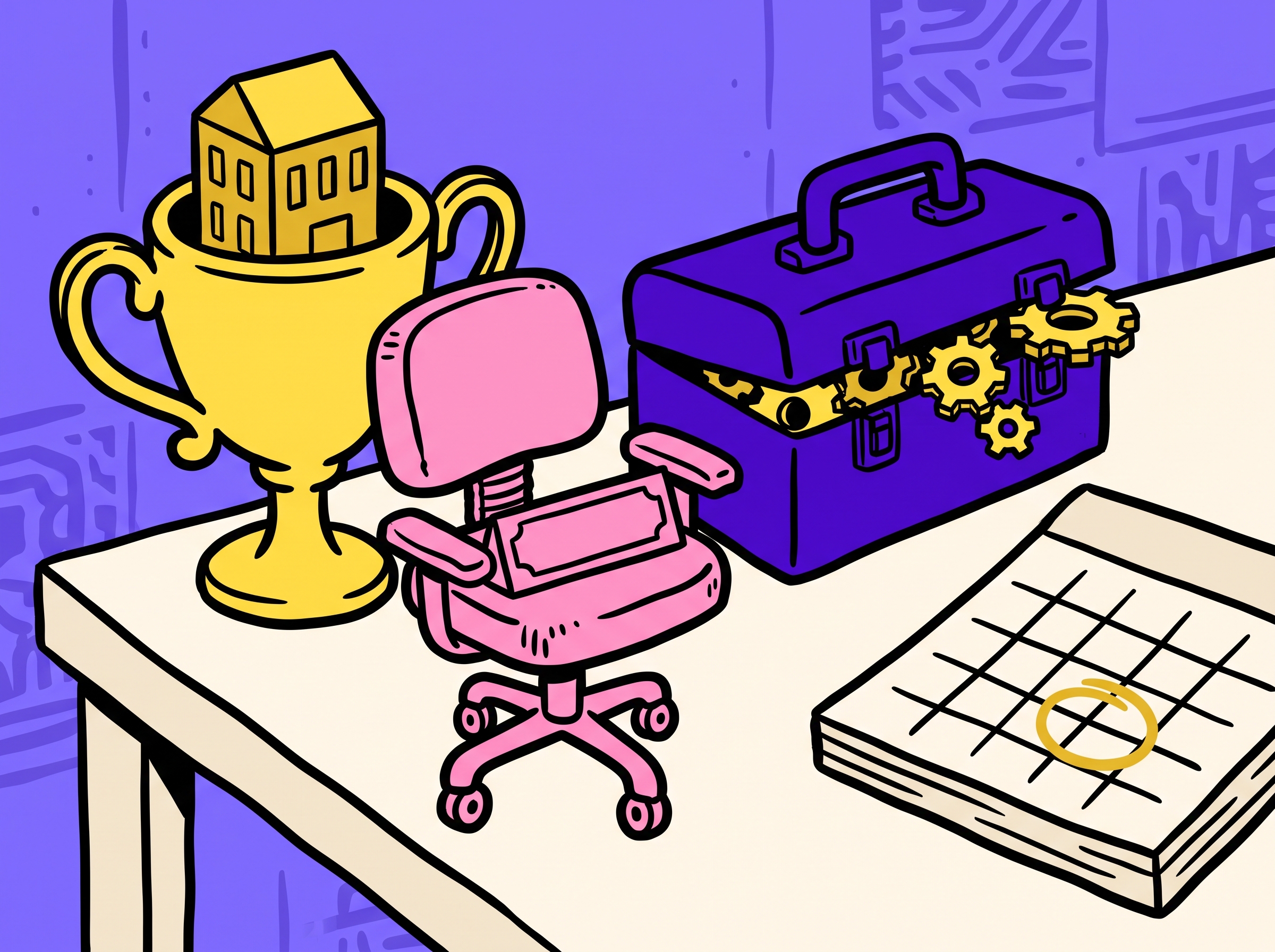 Hand-drawn still life of four buying-signal objects: a trophy, an empty office chair, a toolbox, and a circled calendar day