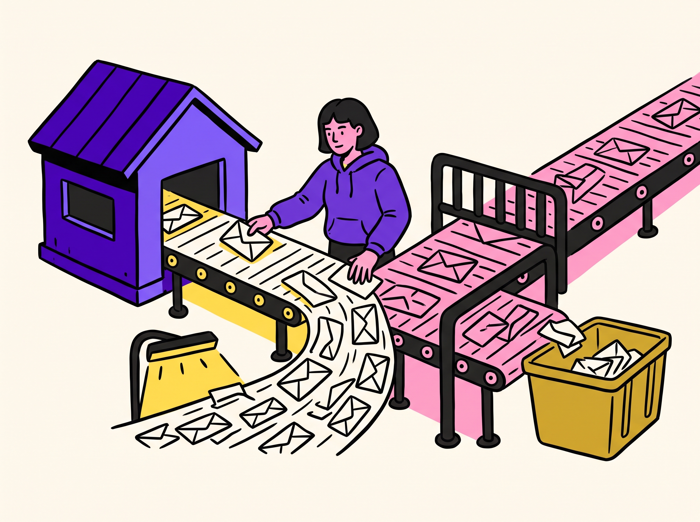 An operator splitting envelopes onto a clean belt into a sending-domain house and a gated belt into a quarantine bin