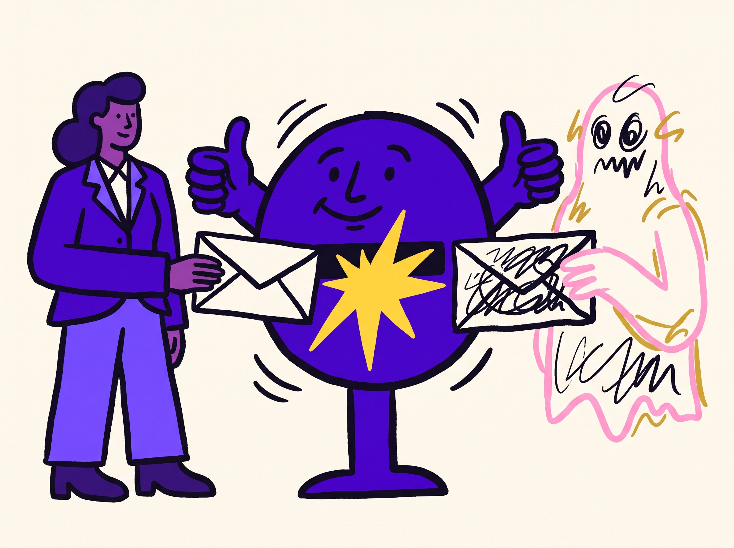 A catch-all mailbox giving a thumbs-up to both a real envelope and a scribbled fake one