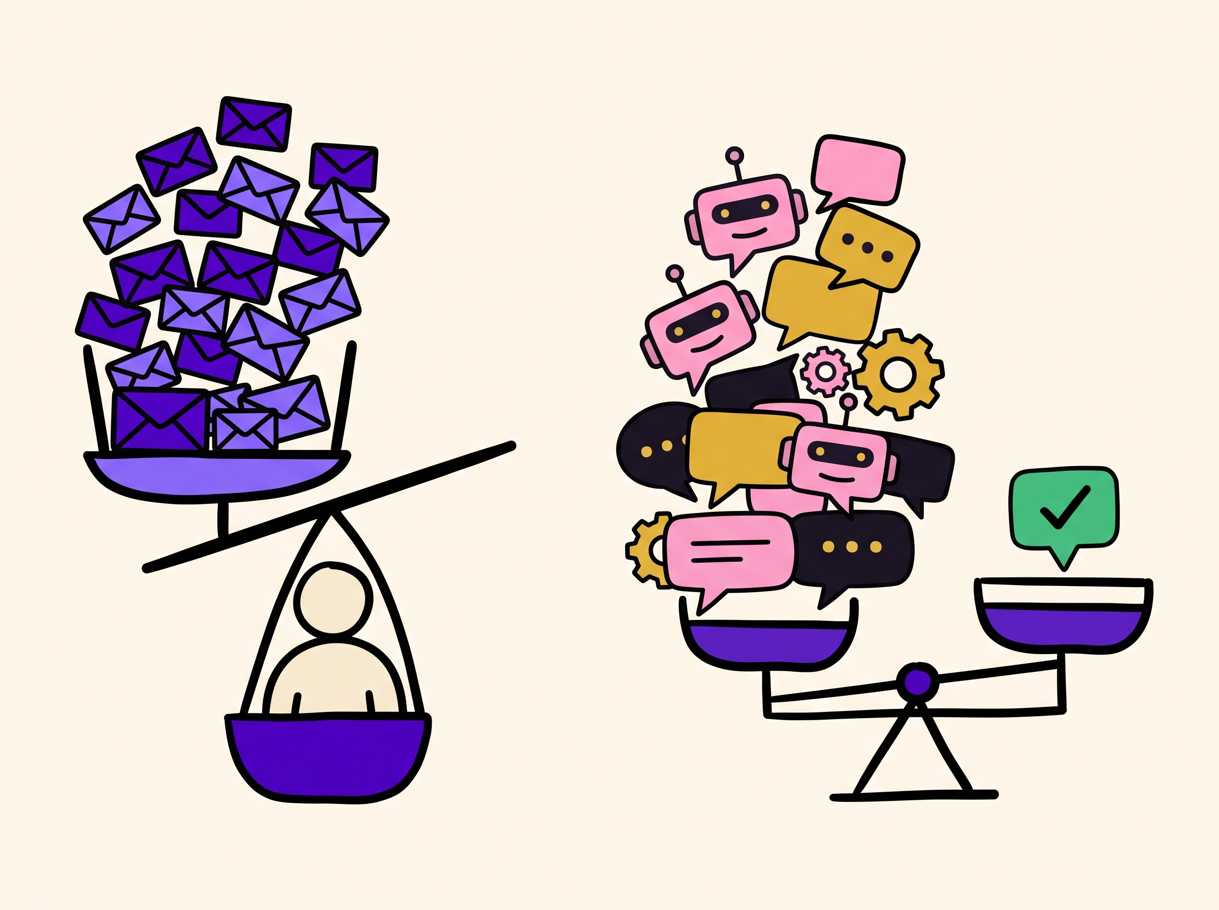 Two visual metaphors for why cold email benchmarks disagree: sends versus contacts, and messy auto-replies versus real interest