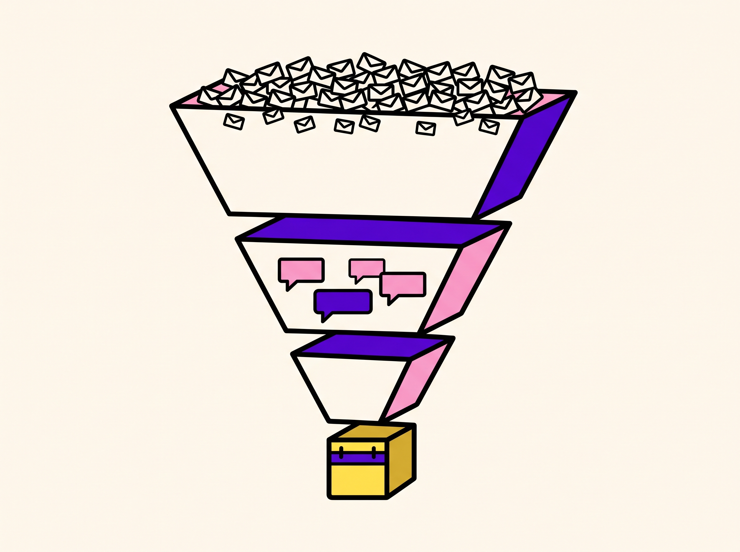 Abstract funnel from many cold emails to fewer replies to booked meetings