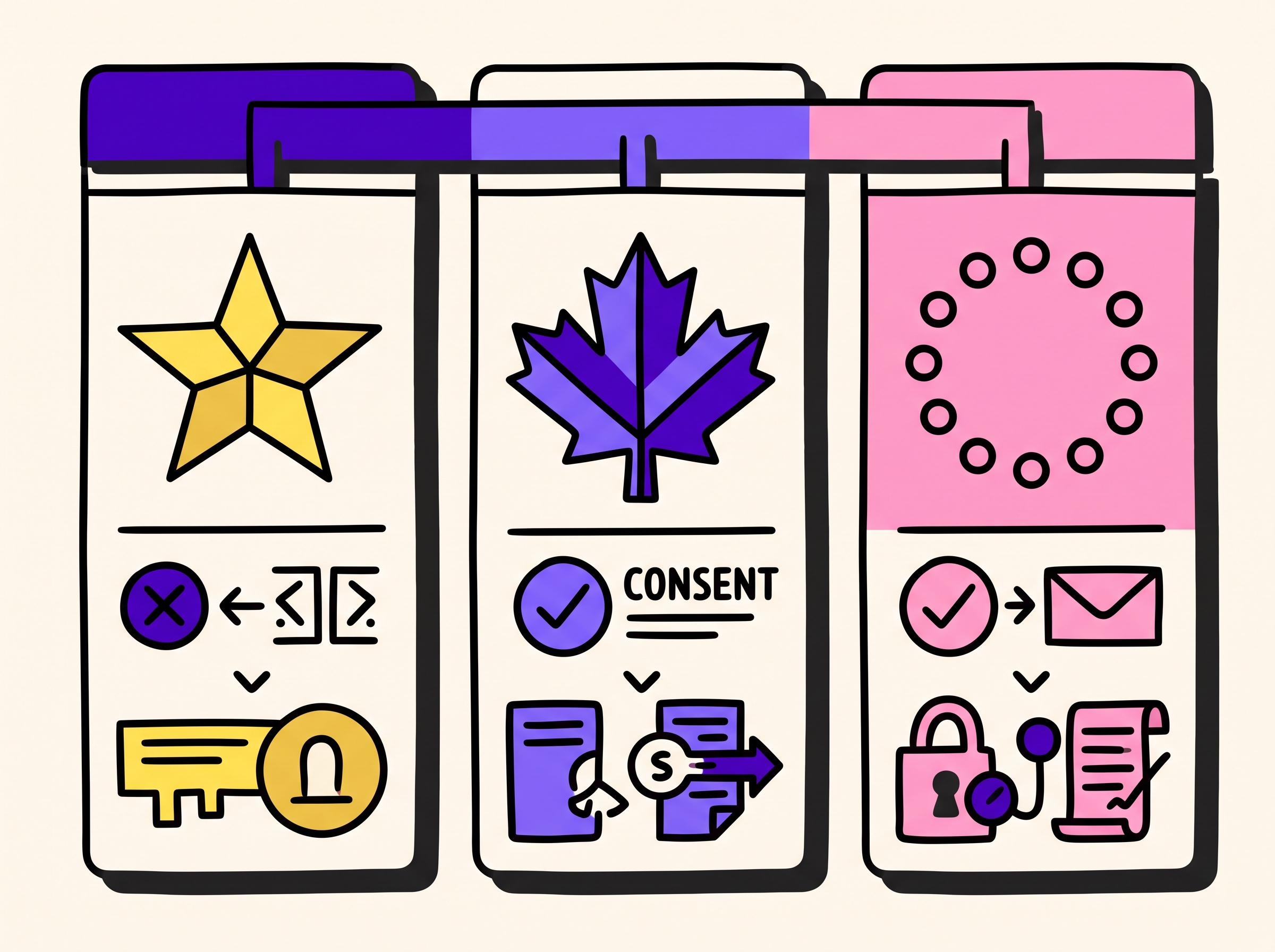 Side-by-side abstract panels representing US, Canada, and EU/UK opt-out rules