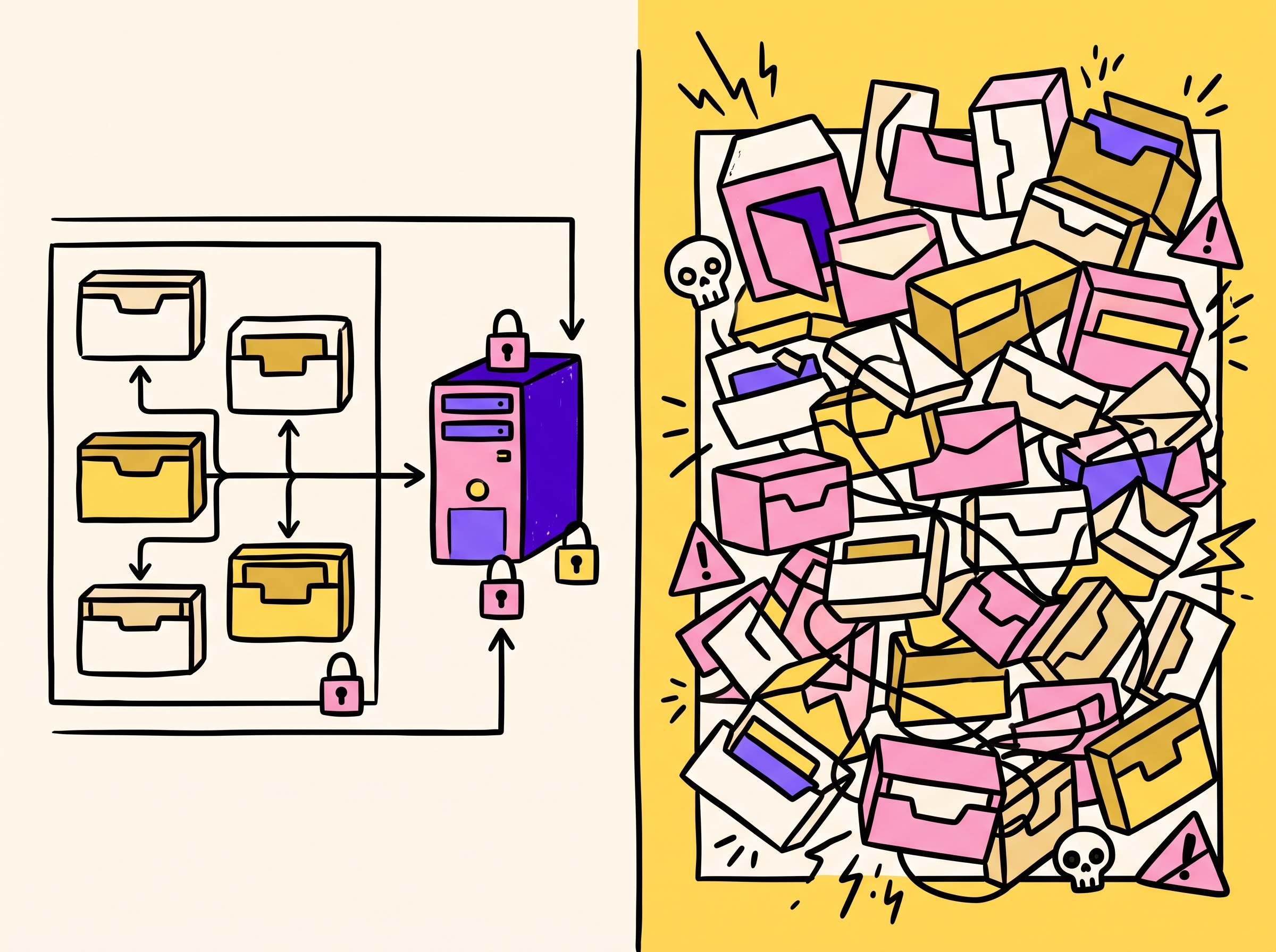 Illustration comparing a clean private mailbox network to a chaotic shared warmup pool