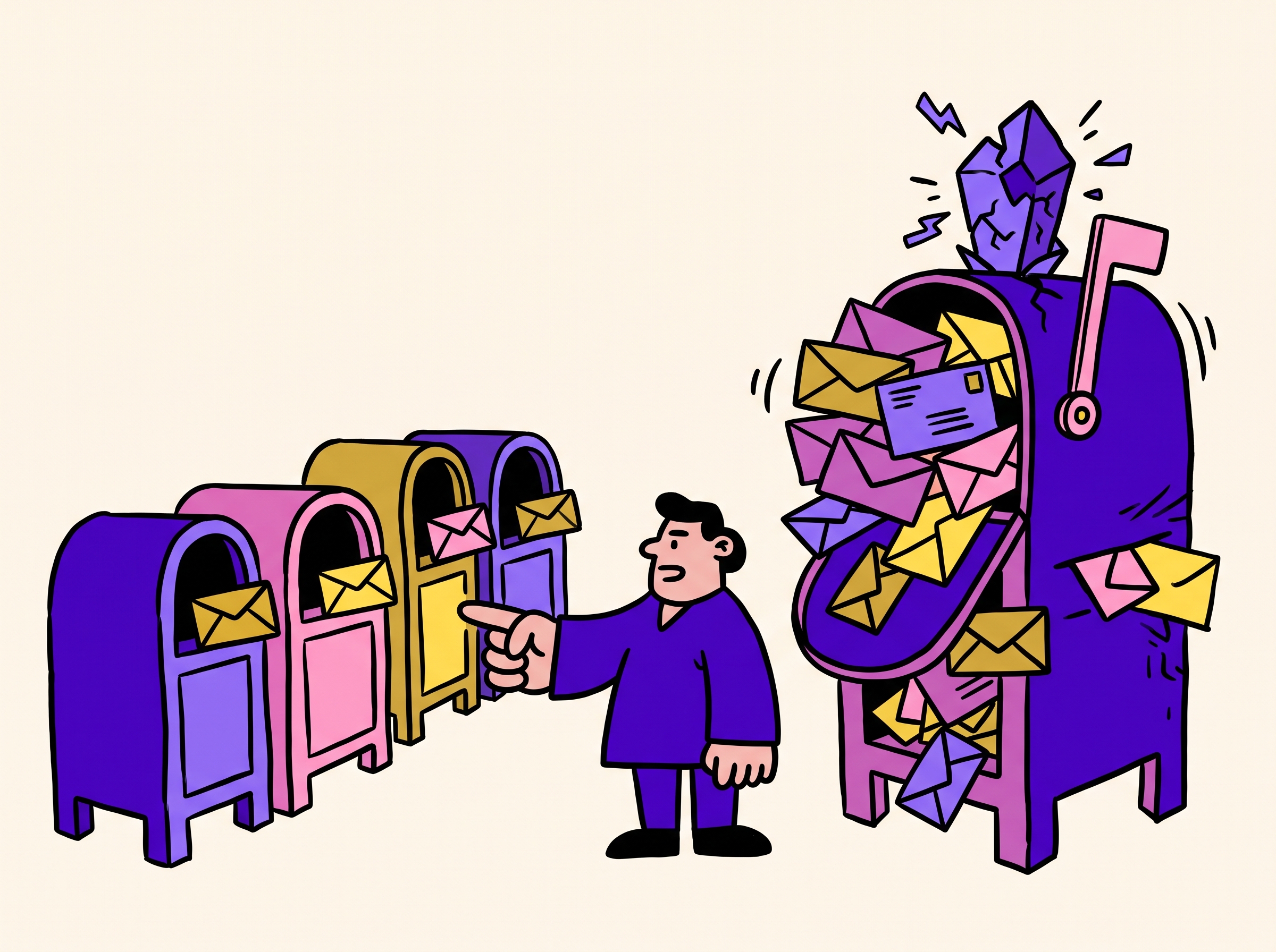 An operator pointing at a balanced row of mailboxes instead of one overloaded hero mailbox