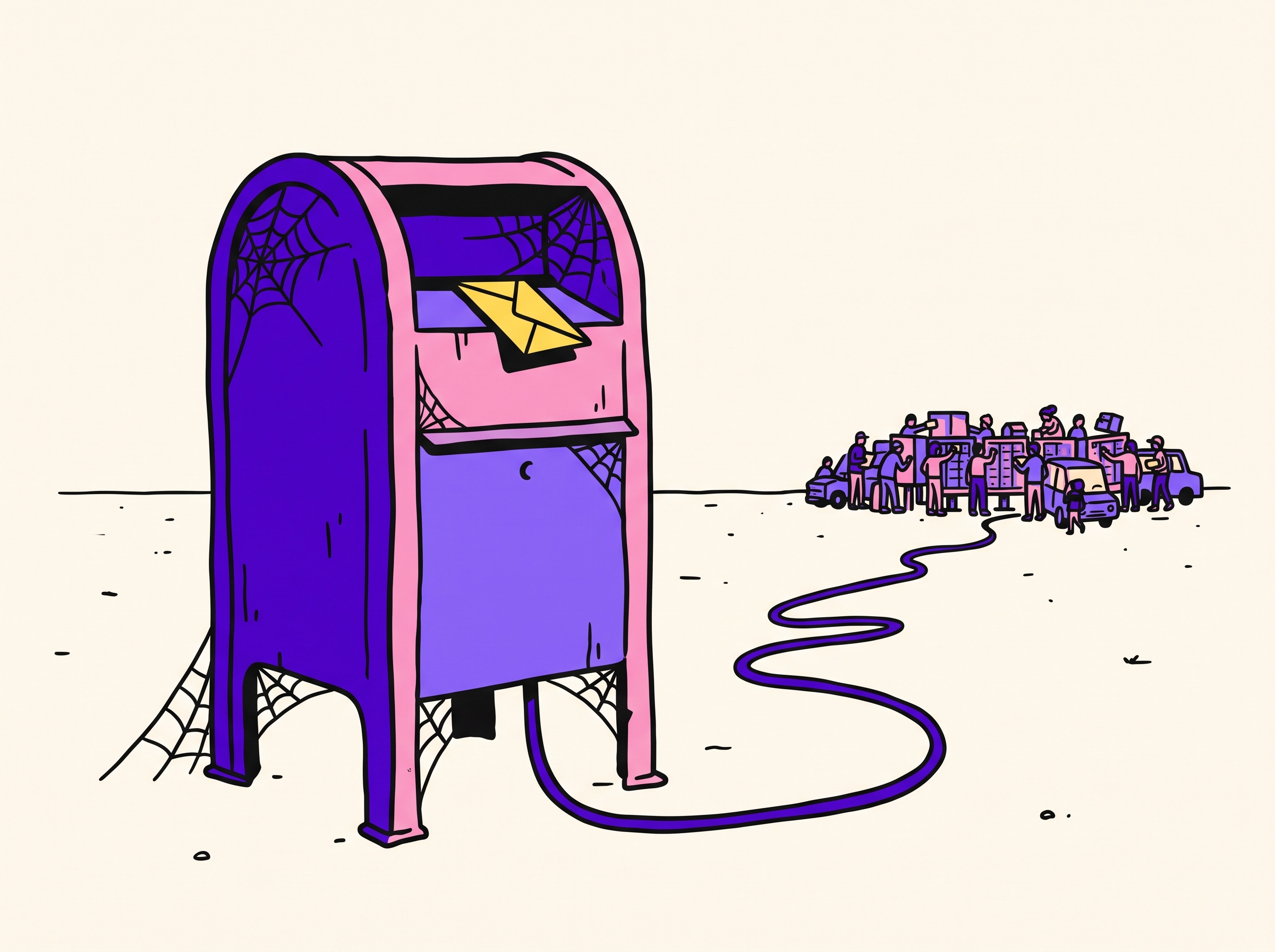 A cobwebbed dedicated mailbox standing alone while a crowded shared pool of mailboxes is busy in the distance