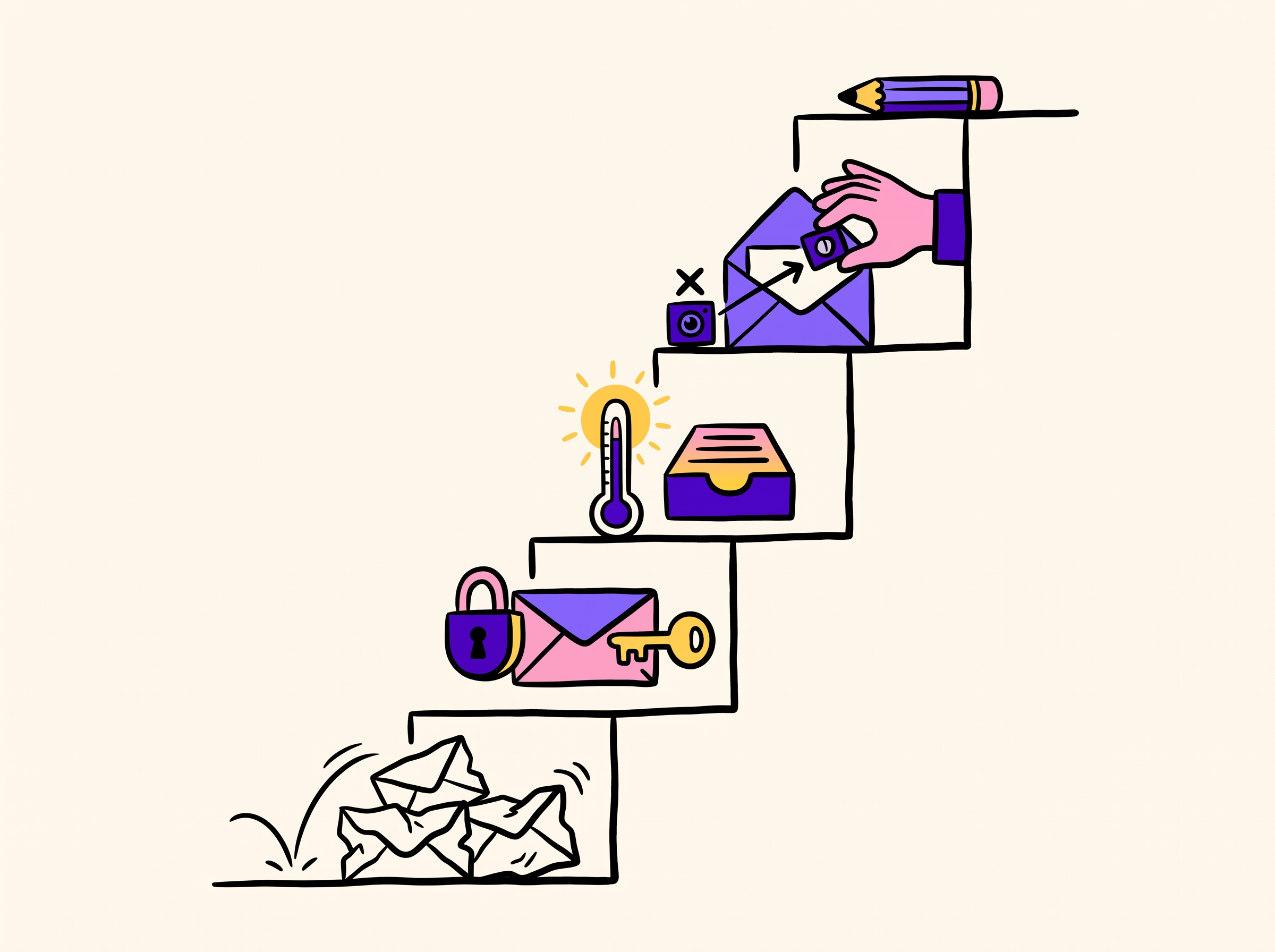 Staircase of what to fix before adjectives: bounced envelopes, domain keys, warmup, tracking pixel, then a pencil