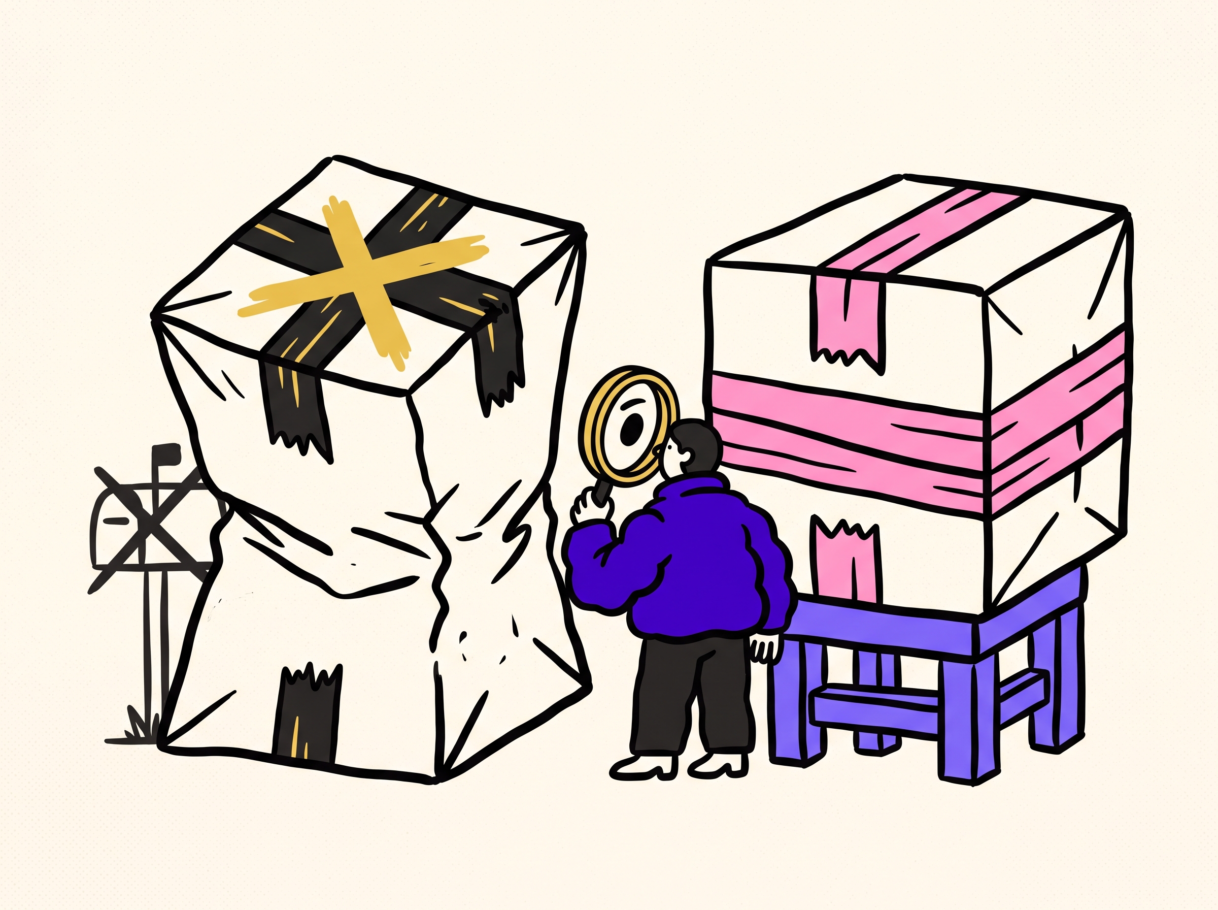 Operator with a magnifying glass comparing a crushed permanently rejected package to a delayed package sitting on a stool, illustrating hard bounce versus soft bounce