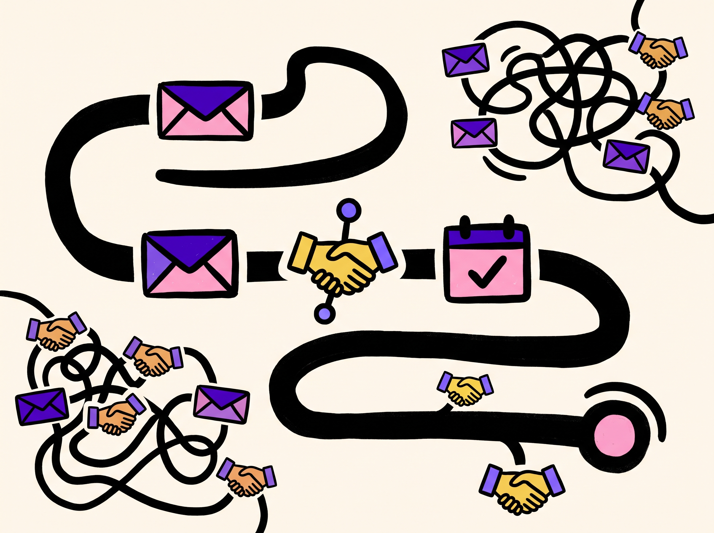 One outbound sequence combining email, LinkedIn, and a booked meeting, contrasted with tangled separate email and LinkedIn tracks