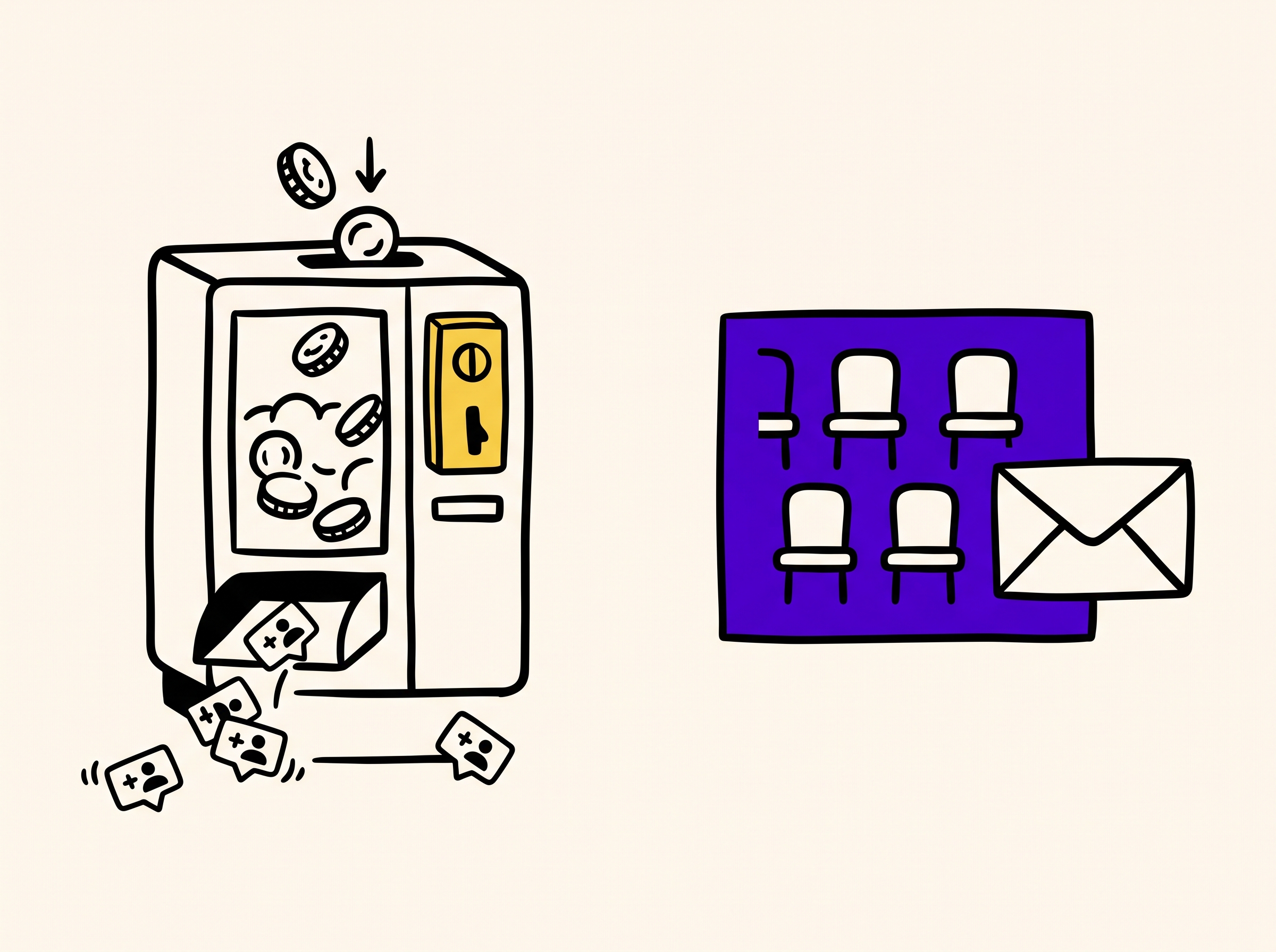 Vending machine spending coins for each LinkedIn action versus five seats bundled in one box next to an email envelope