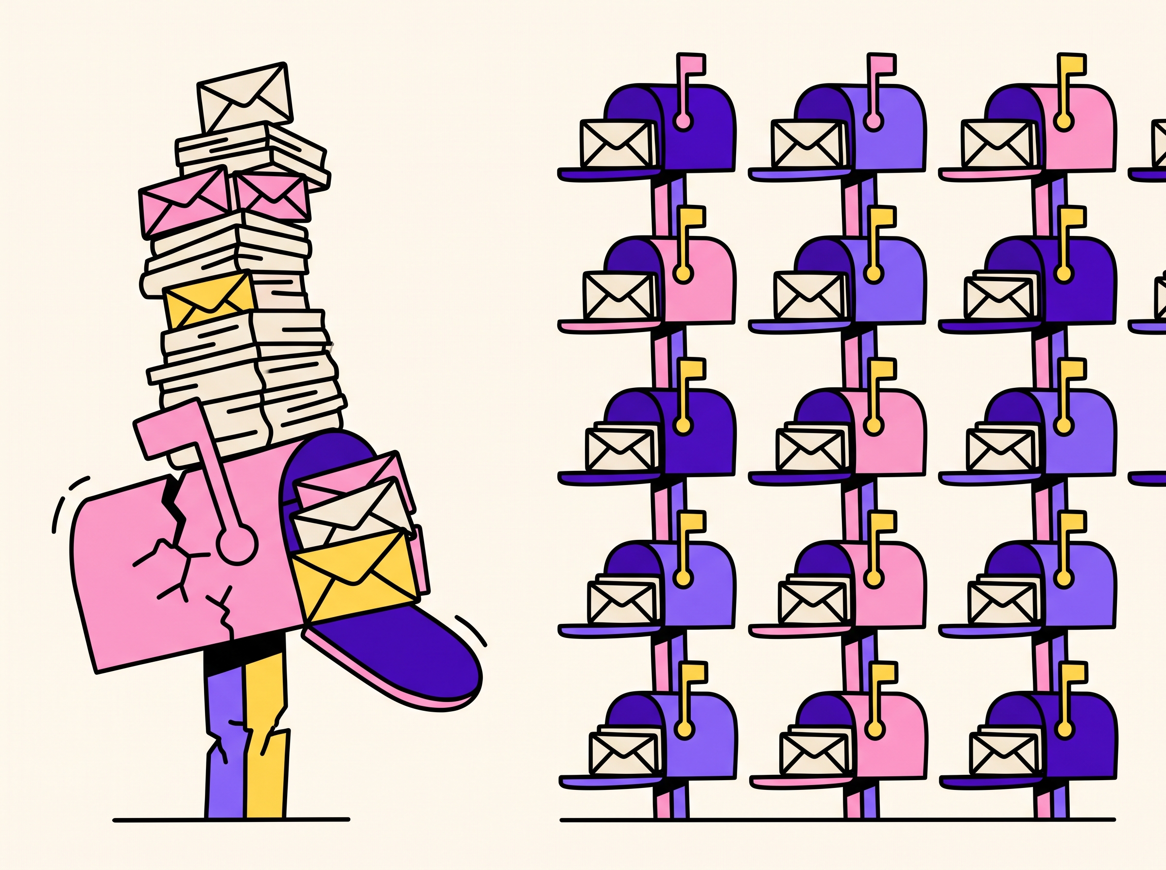 Illustration of one overloaded mailbox versus a balanced fleet of sending inboxes