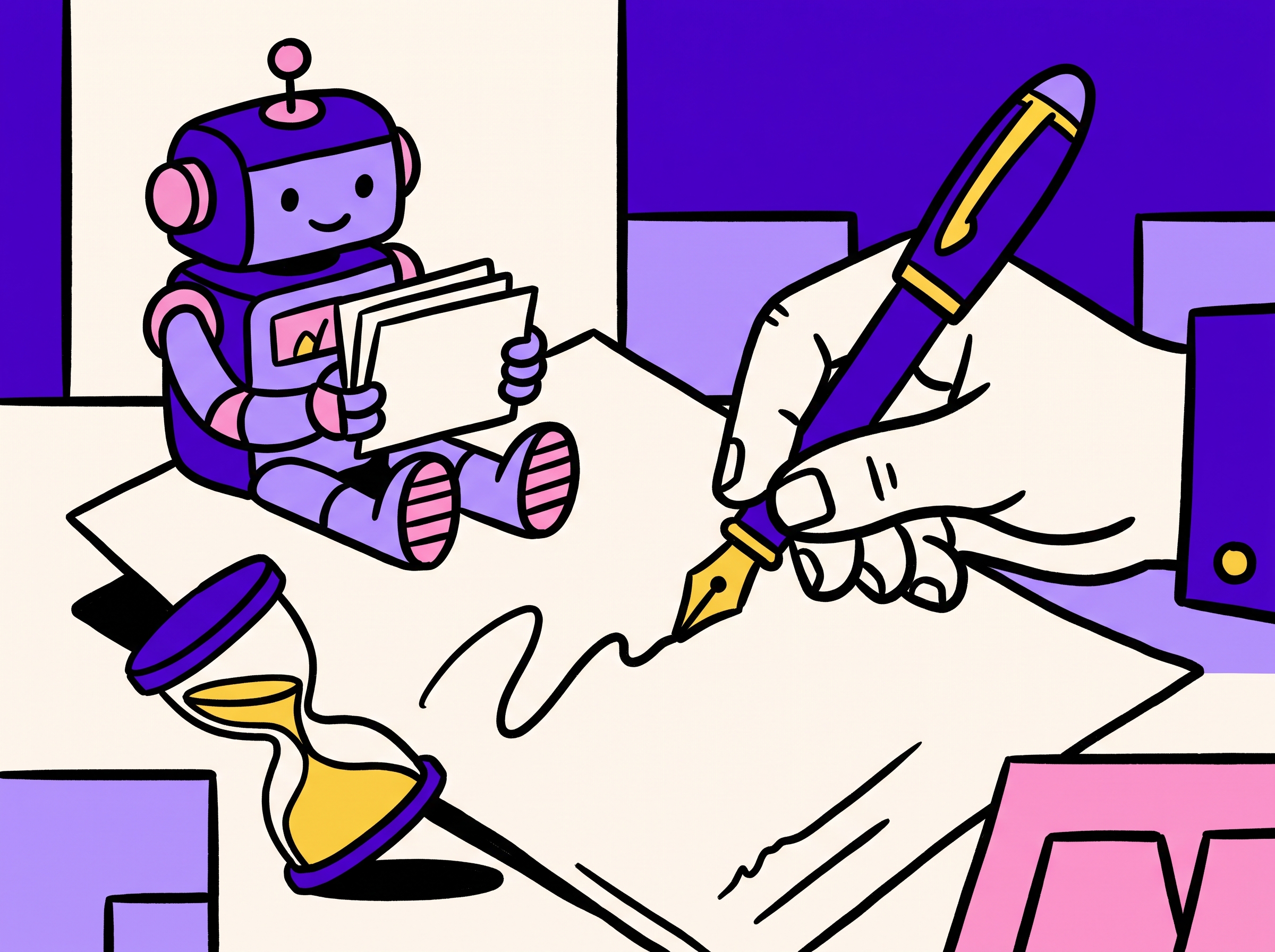 Hand-drawn illustration of a human hand writing a letter while a small robot holds blank research cards and an hourglass sits paused