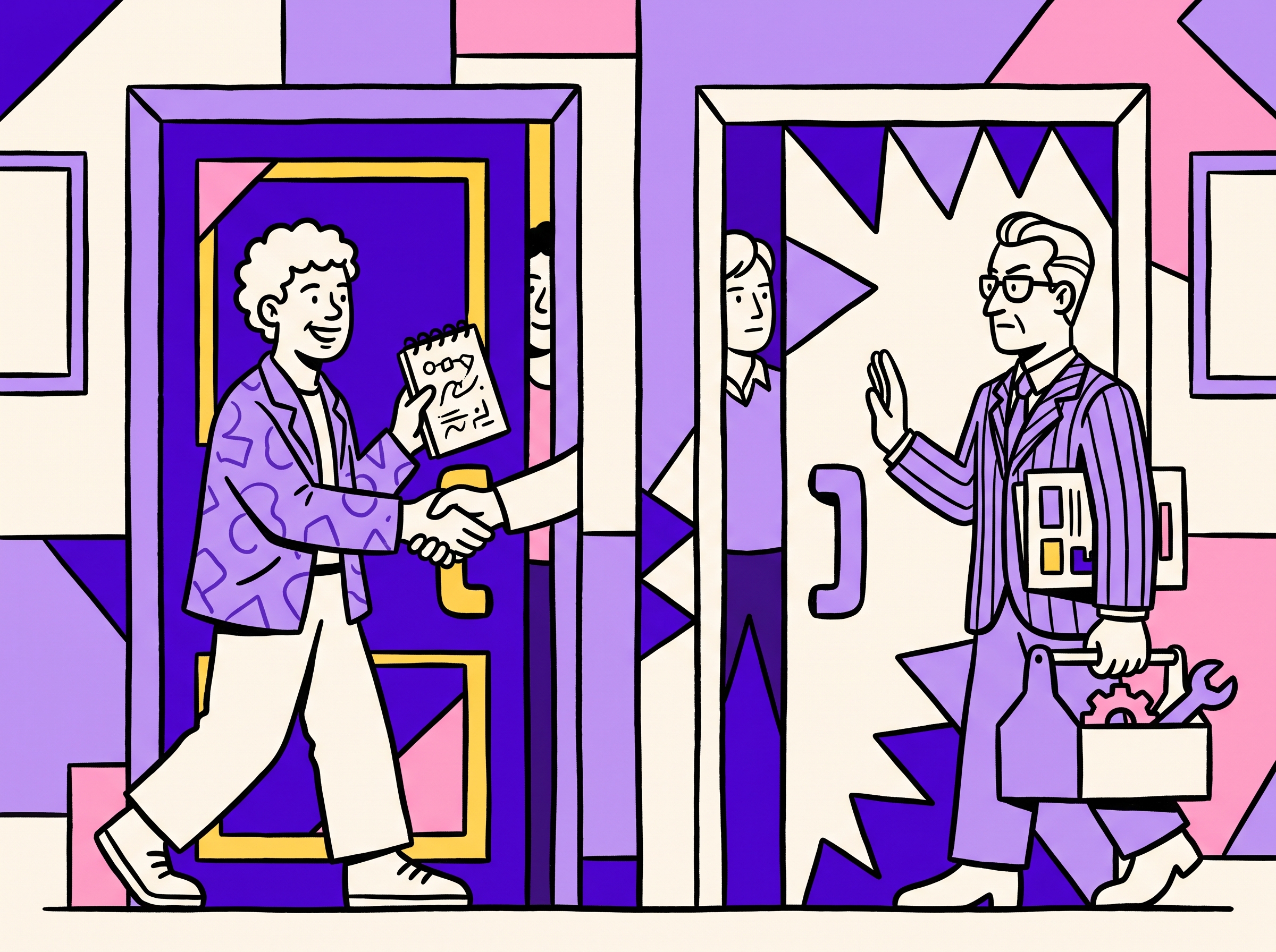 Split scene: a known champion shaking hands at one door with a shared notebook, a stranger VP arriving at the other with a mandate folder and a toolbox