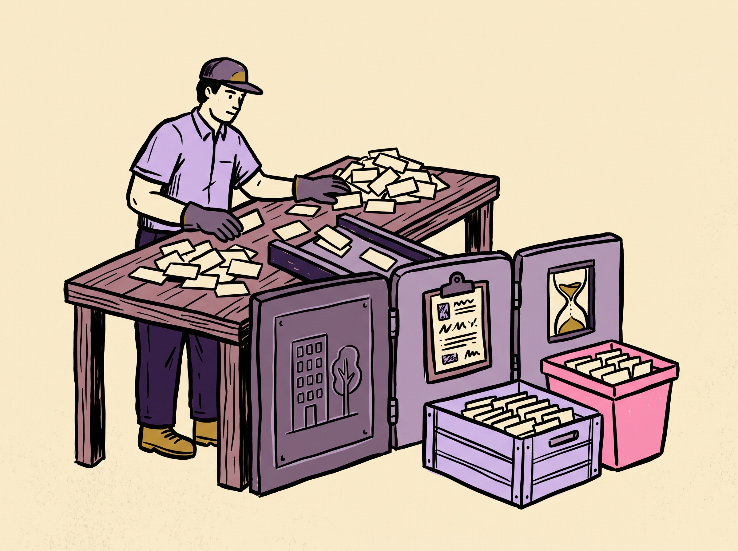 Operator sorting nameplates through three physical gates — company, mandate, and timing — into a keep crate and a skip bin