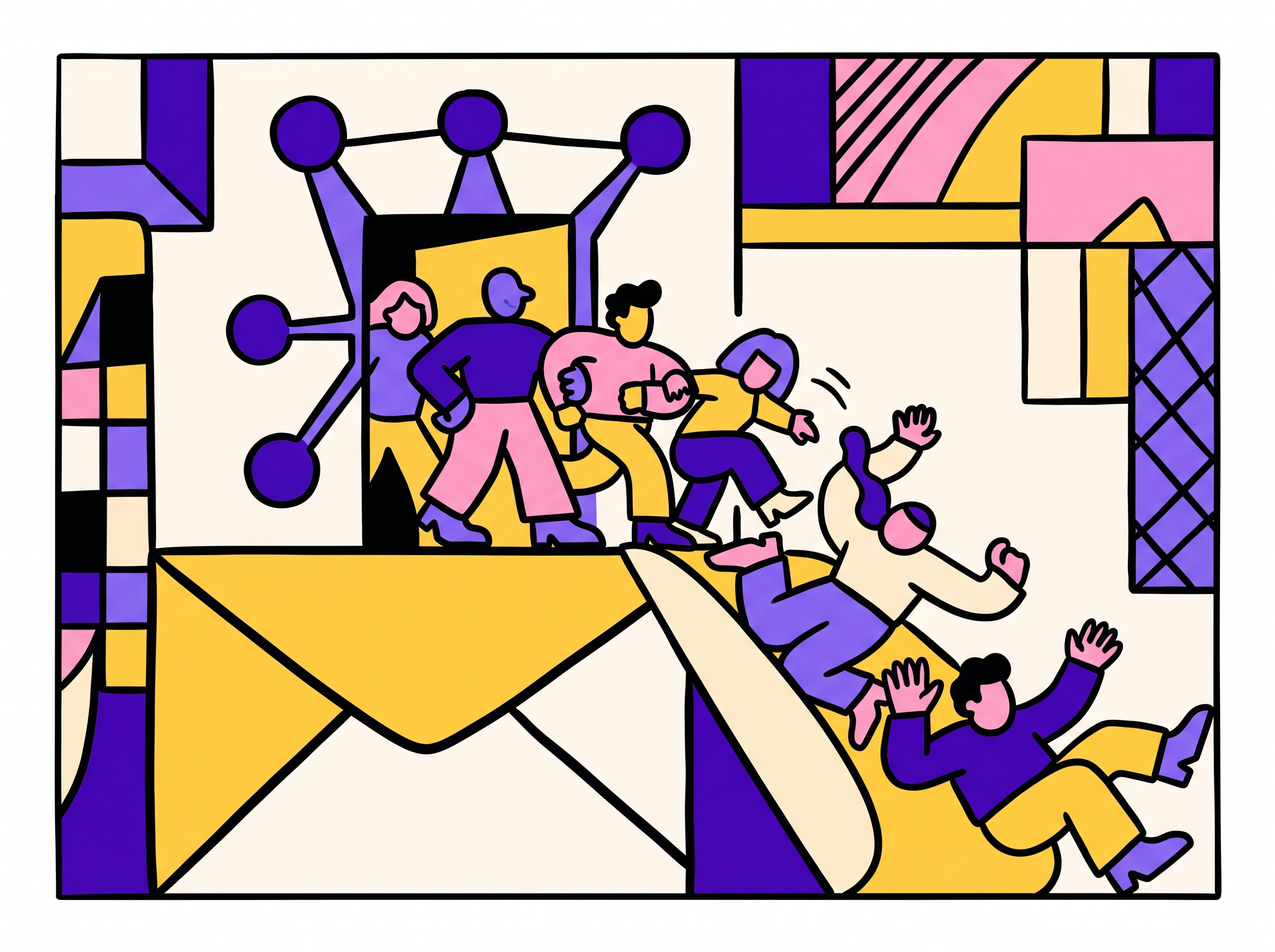 People sliding from a network doorway onto a giant gold envelope — leftover LinkedIn prospects failing over to email