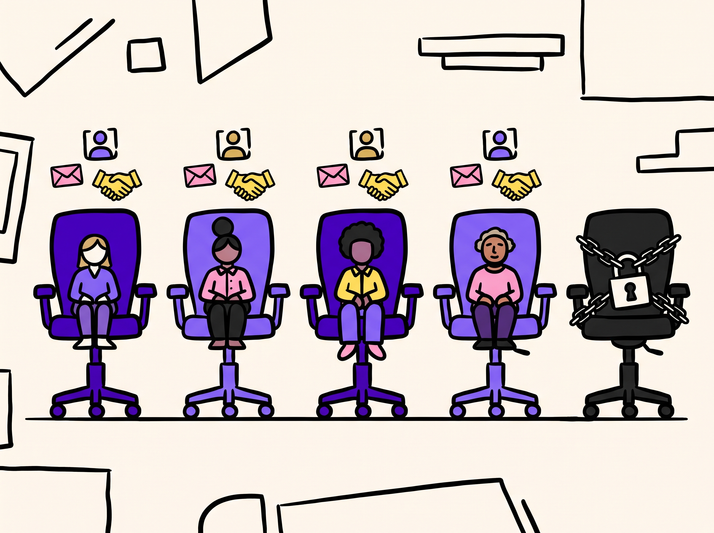 Four people seated at LinkedIn identities, with a fifth chair chained and locked