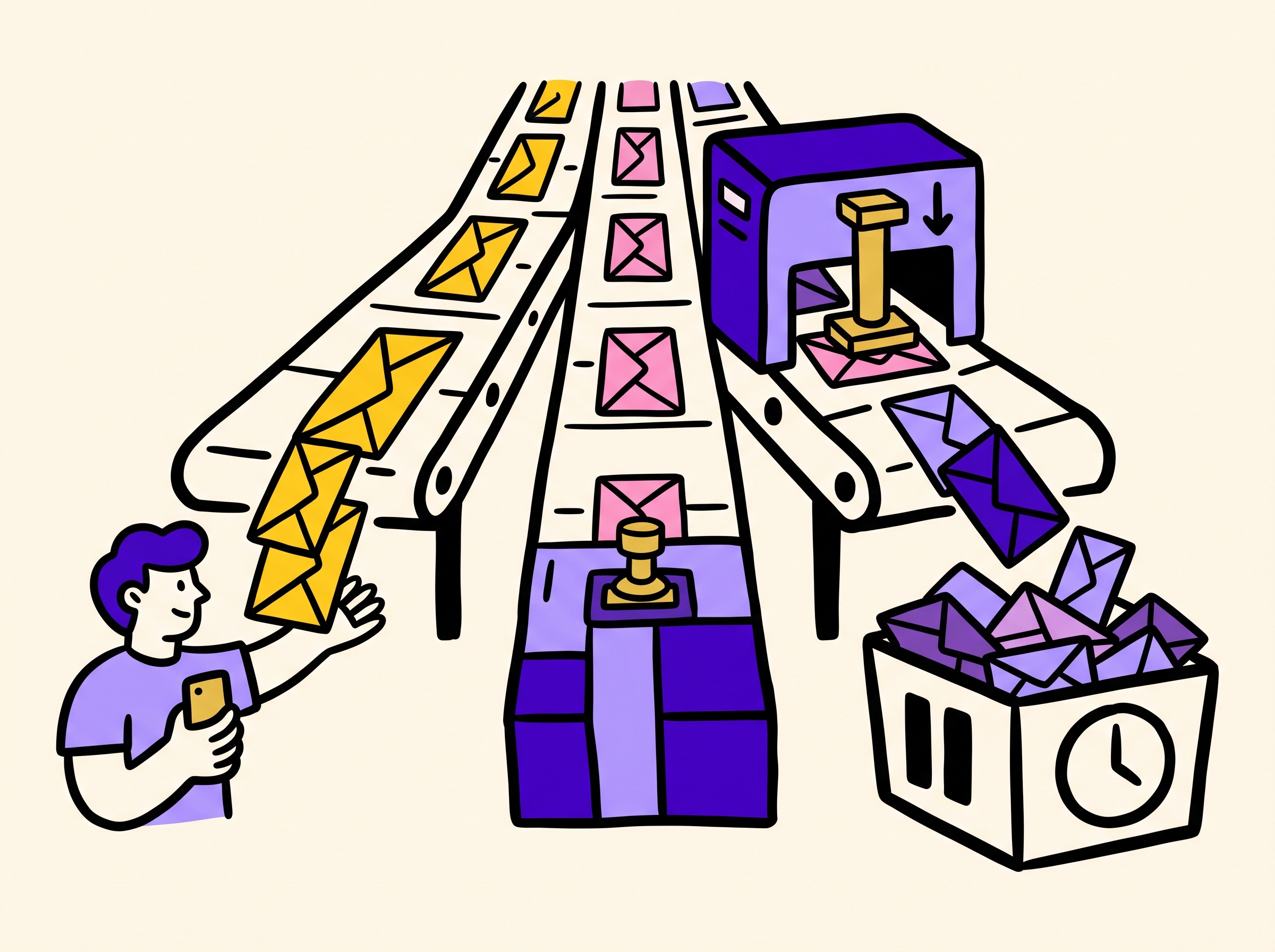 Three lanes of envelopes: one to a person on a phone, one under an automatic stamp, one dropping into a pause bin