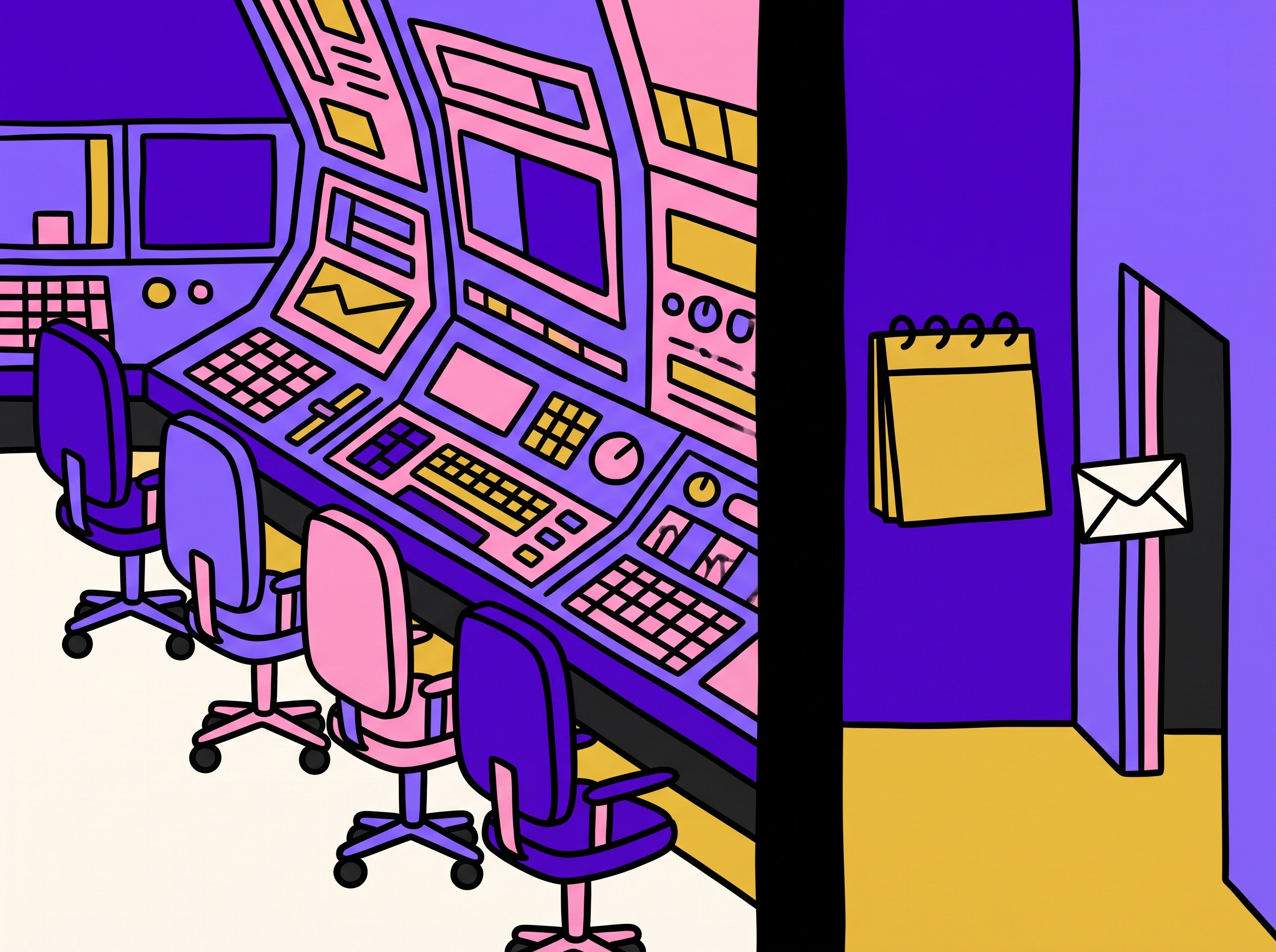 Empty coaching-theater chairs on one side of a split scene, a single meeting envelope arriving on the other