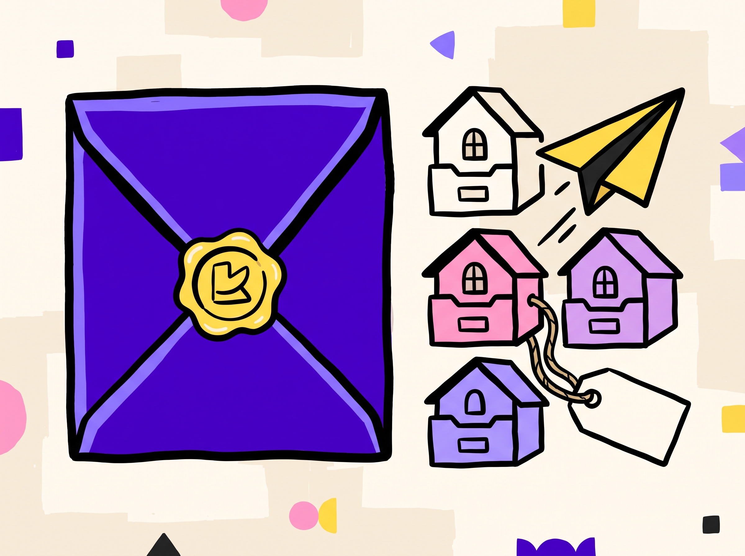 A sealed custom-quote envelope next to a simple outbound toolkit with inboxes and a paper plane