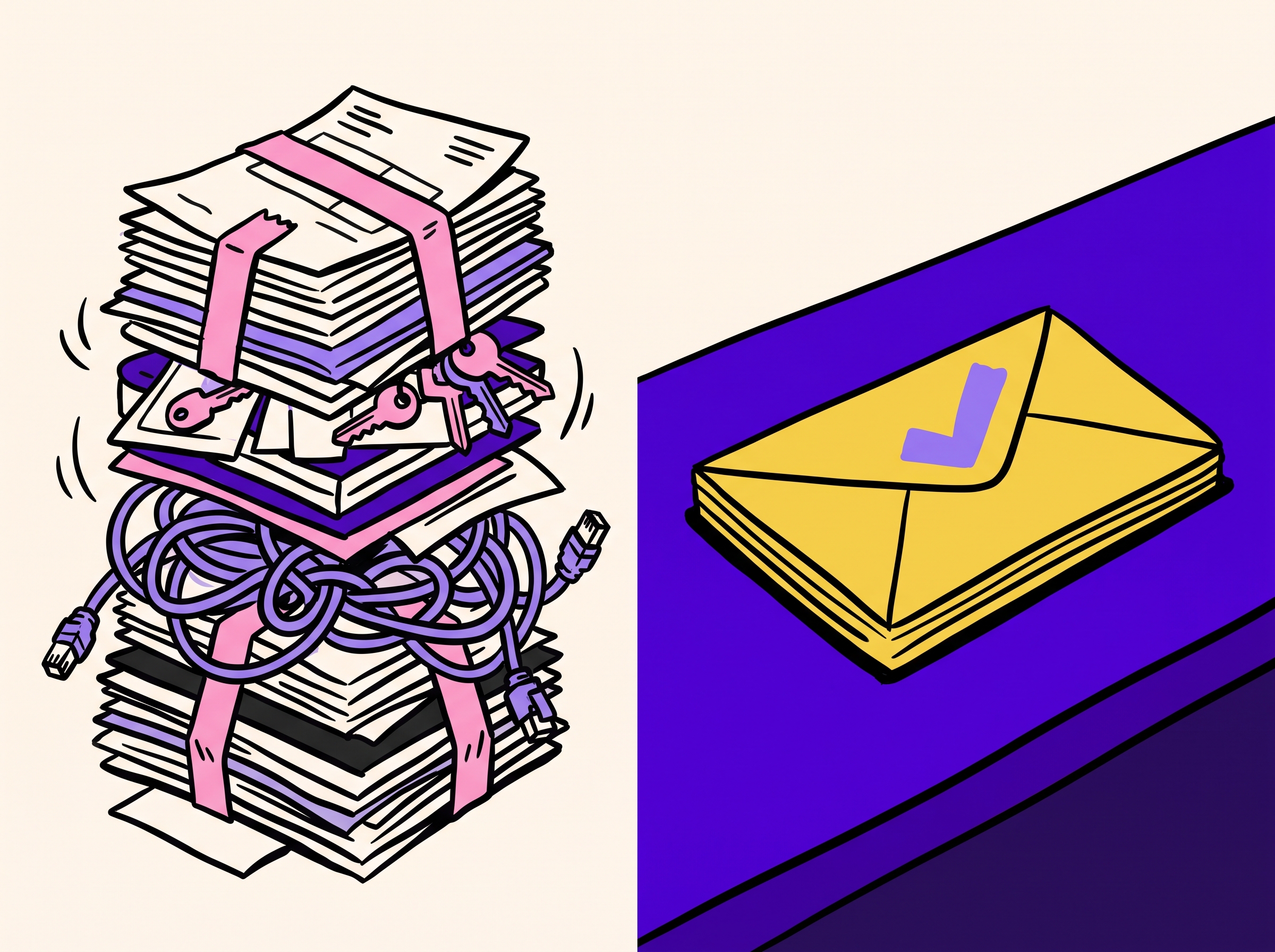 Hand-drawn illustration comparing a tottering stack of invoices, keys, and tangled cables bound with pink tape against a single gold envelope on a purple desk