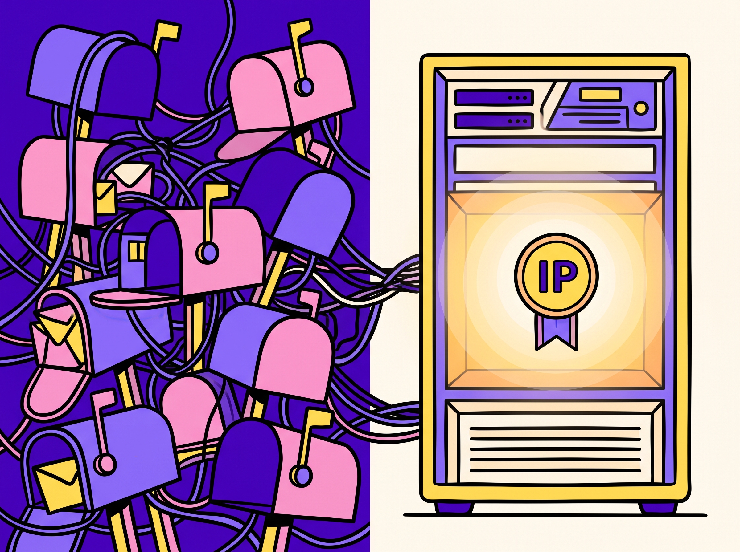 Split view of tangled unlimited mailboxes versus clean owned sending infrastructure