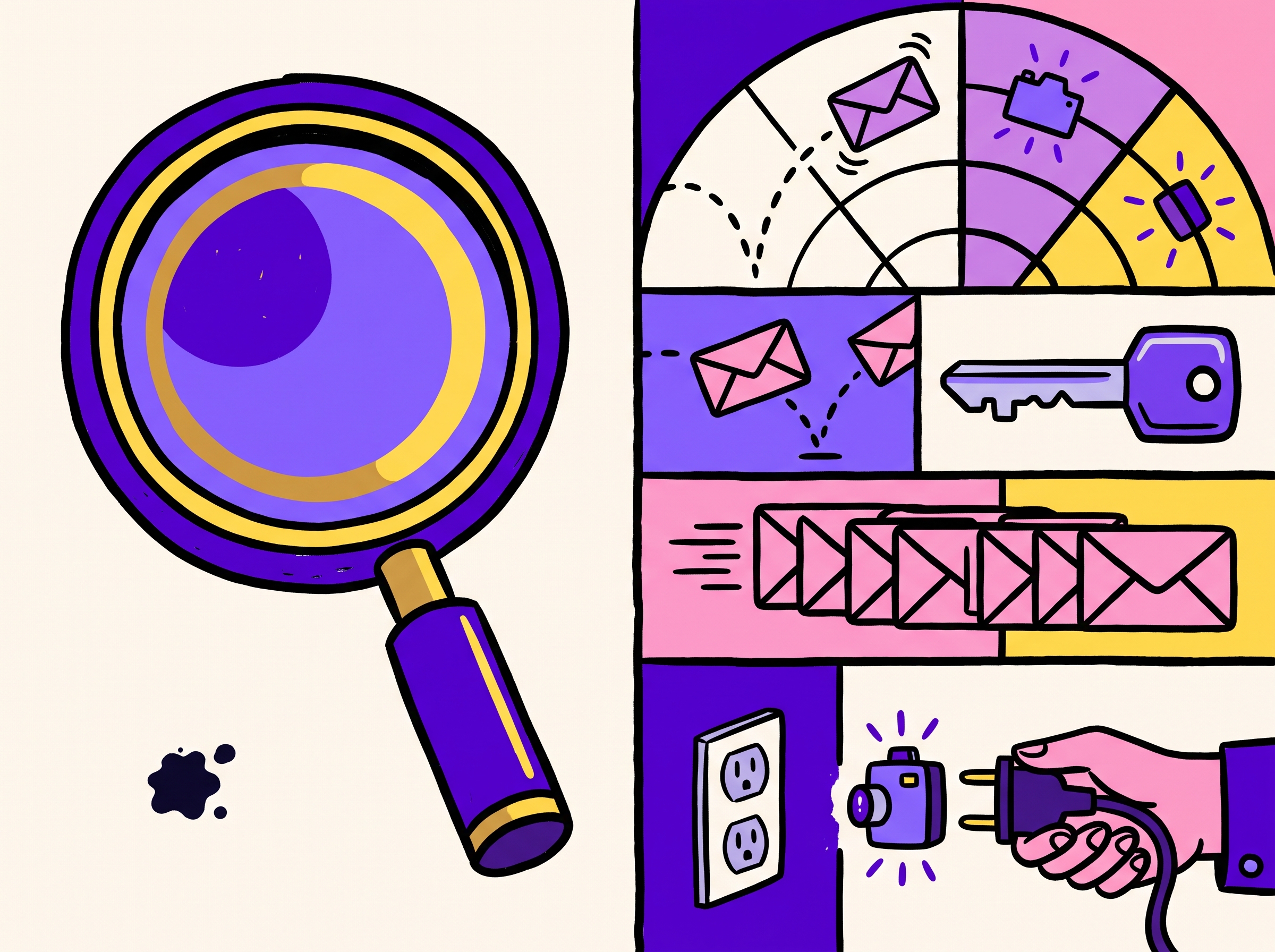 Magnifying glass hunting one ink blot versus a pattern board of bounces, domain keys, cloned envelopes, and a tracking pixel