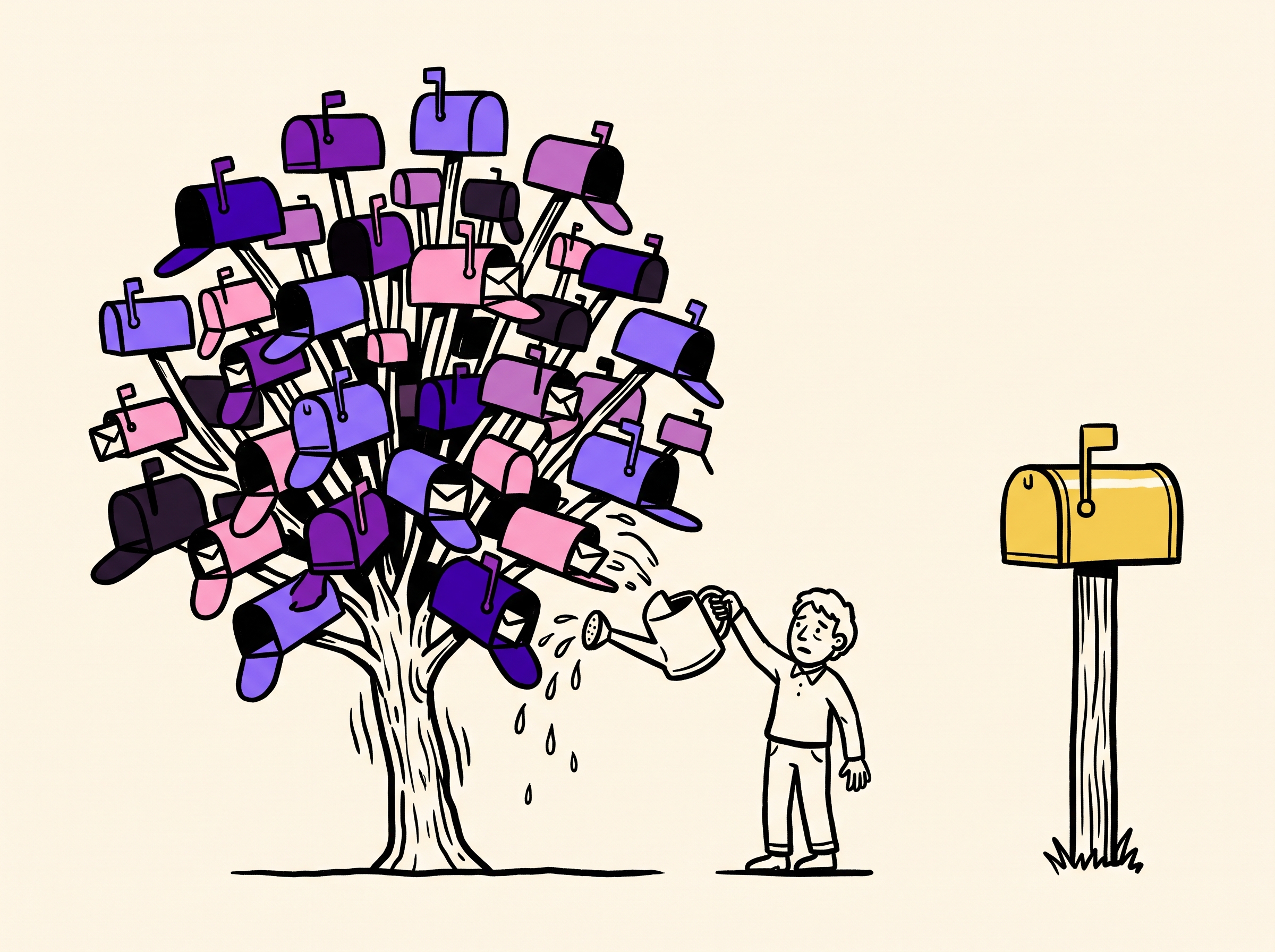 Hand-drawn illustration of a tree overloaded with purple and pink mailboxes being watered by one tired operator, next to a single healthy gold mailbox on its own post
