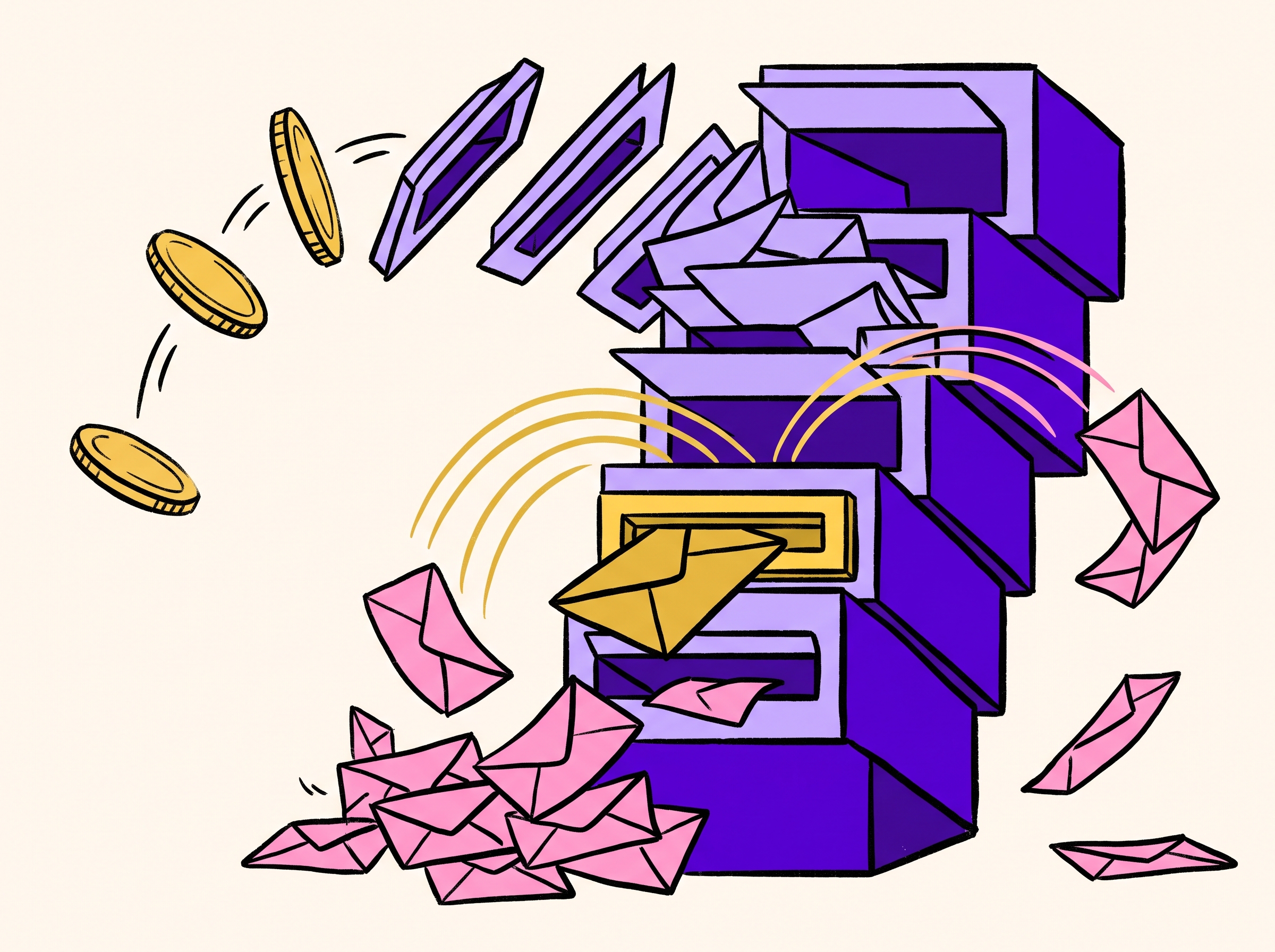 Illustration of a coin flip turning into stacked mail slots, gold keepers and pink rejects