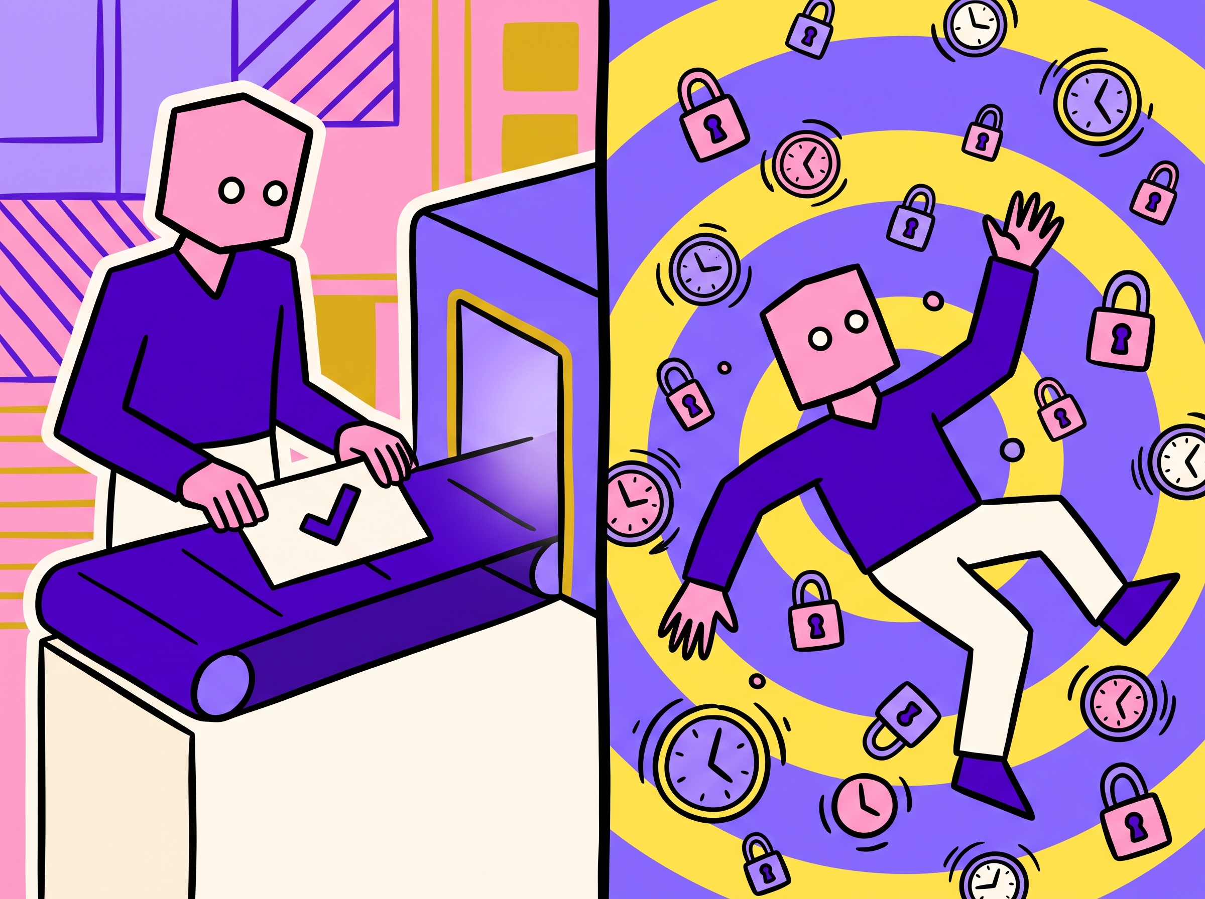 Founder approving one letter on a conveyor, versus the same person surrounded by padlocks and warmup clocks