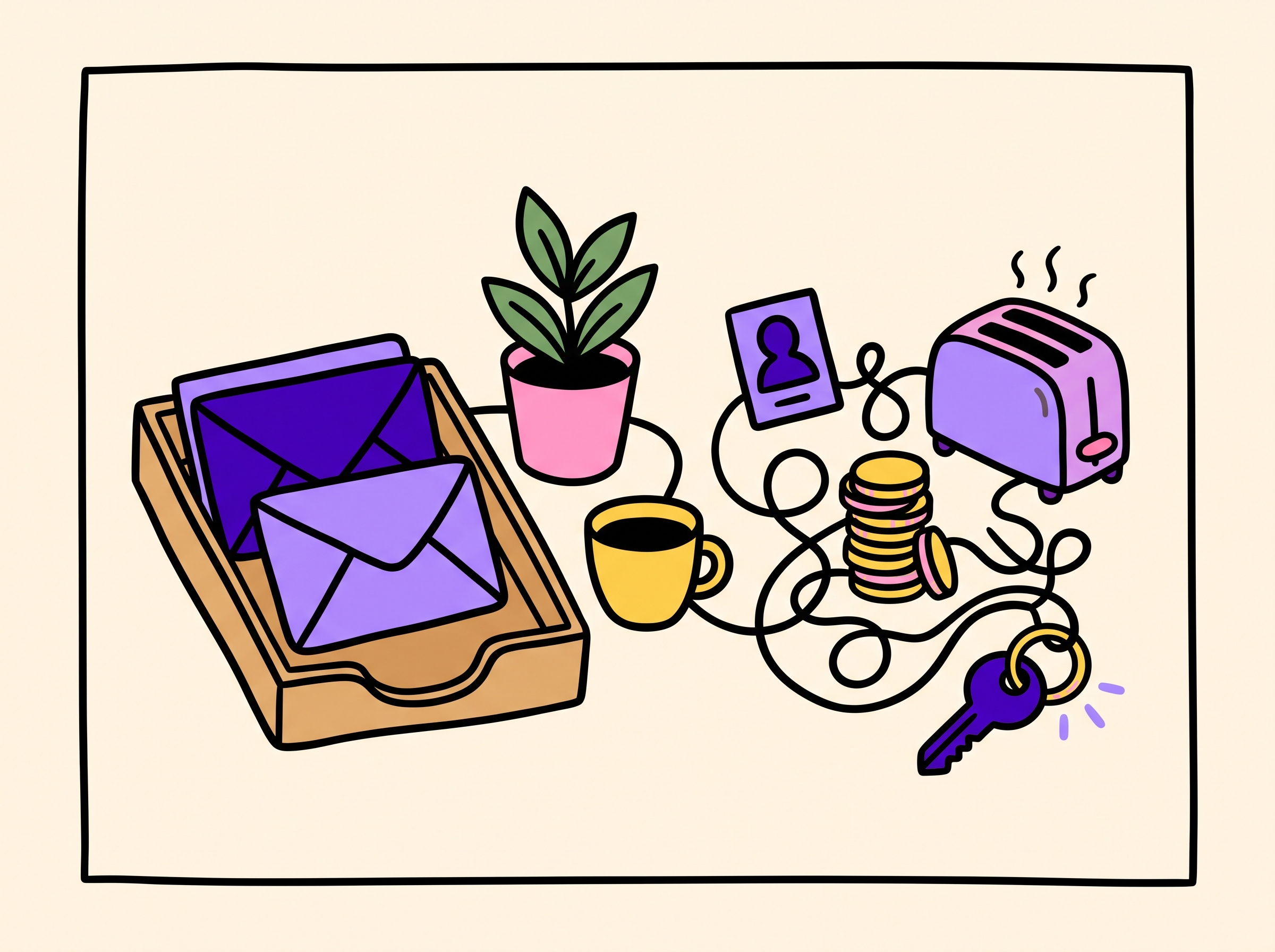 Two envelopes on a simple desk next to a tangle of extra tools, coins, a warmup toaster, and a domain key